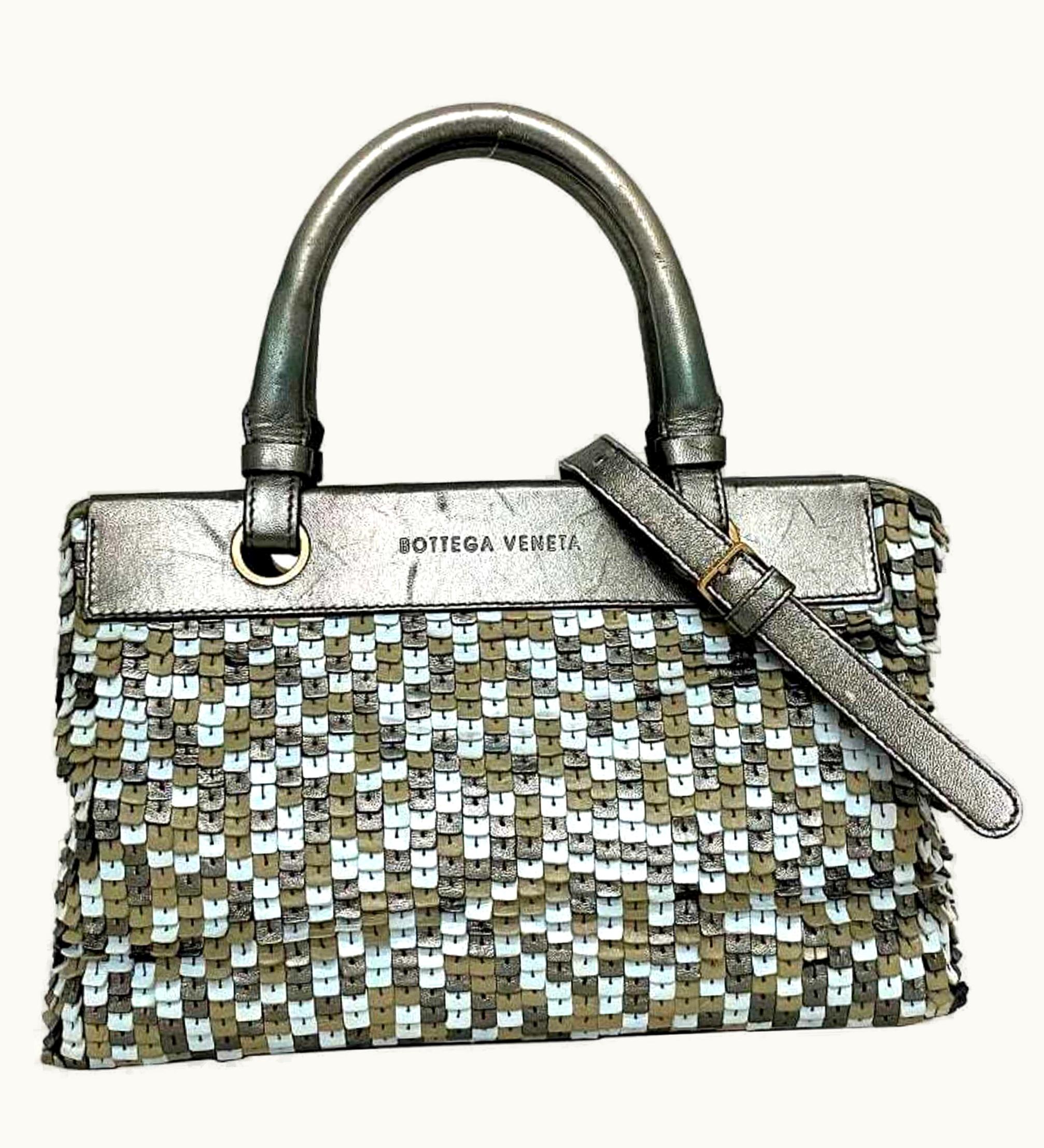 Bottega Veneta 2Way Bag Silver Green Light Blue 107716 Handbag Leather Bottega Veneta Shoulder Scale Women's Compartment