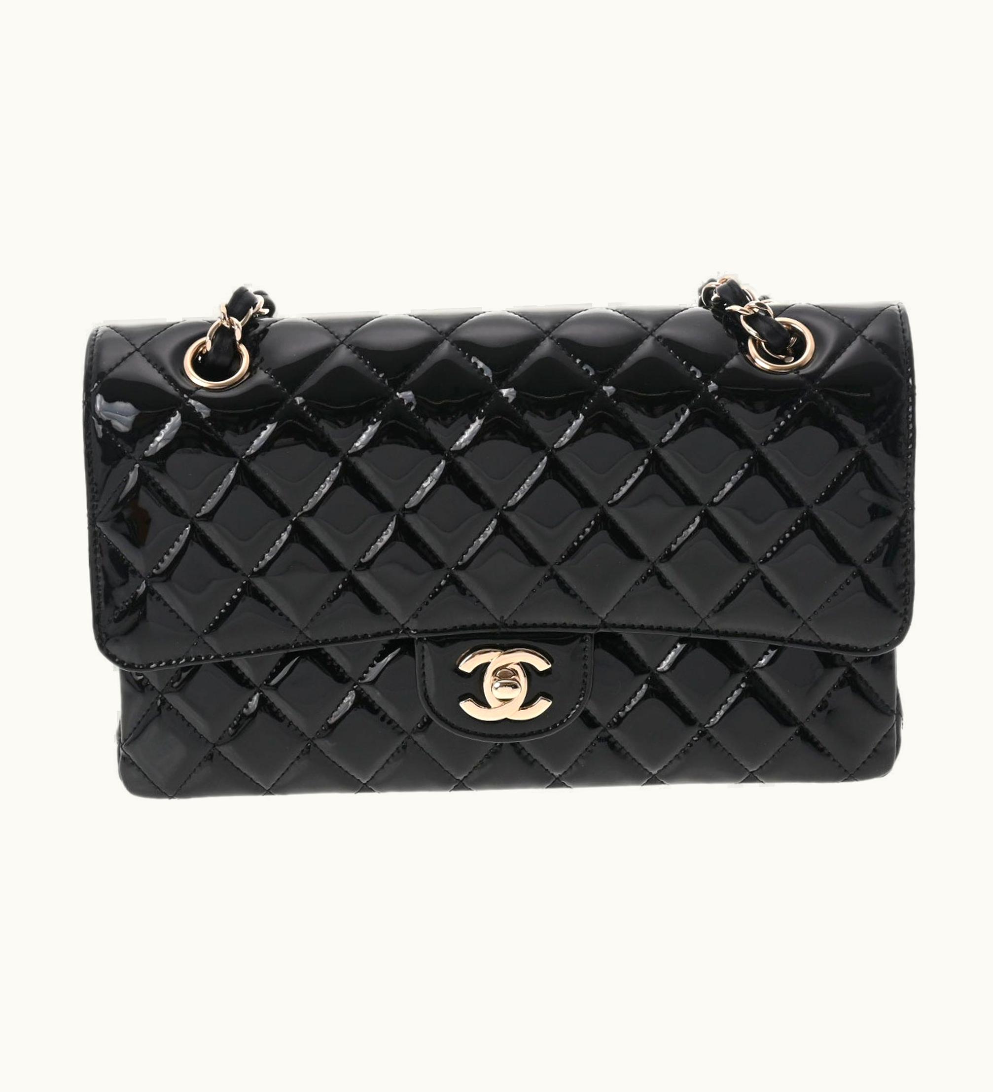Chanel Matelasse W Flap Chain Shoulder 25 Black Champagne Ladies Patent Leather Bag