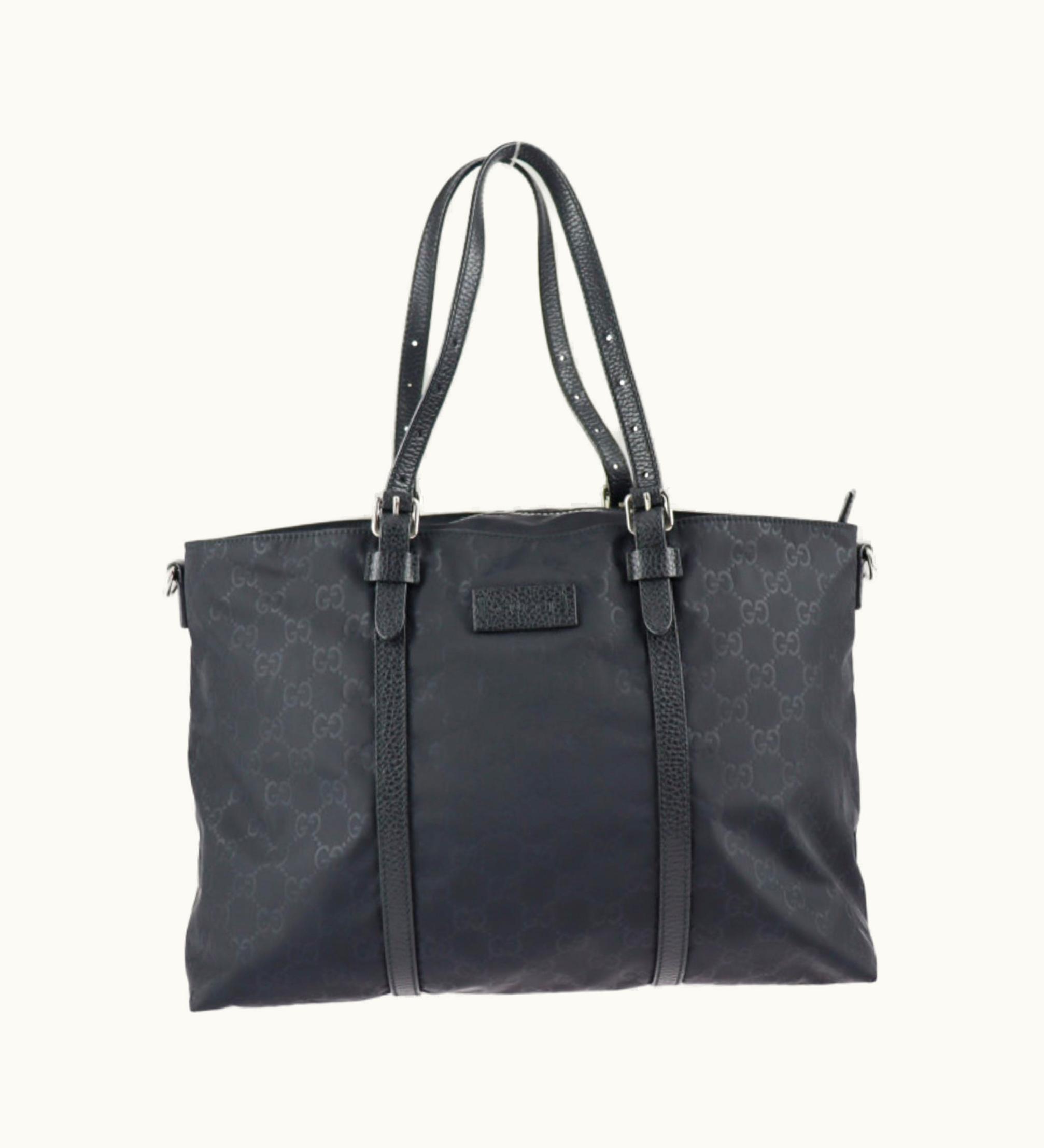 Gucci Tote Bag 387067 GG Nylon X Leather Black Silver Hardware Handbag