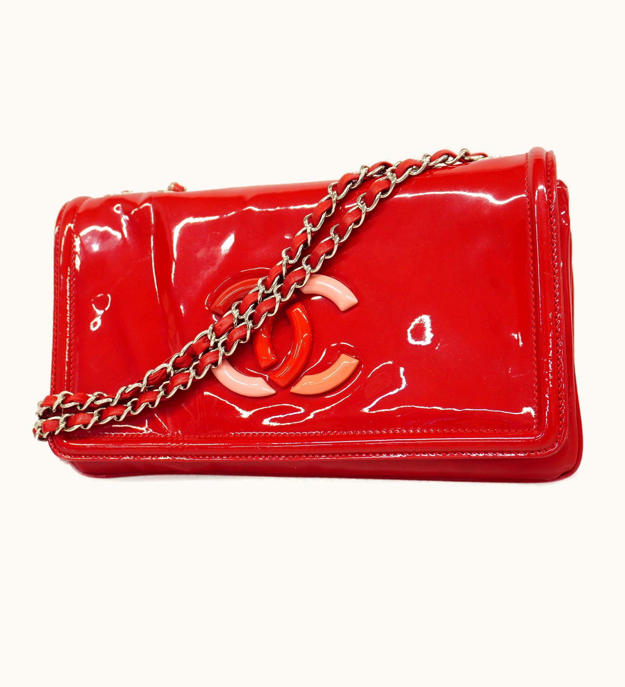 Chanel Lipstick W Chain Women's Patent Leather Shoulder Bag Red Color