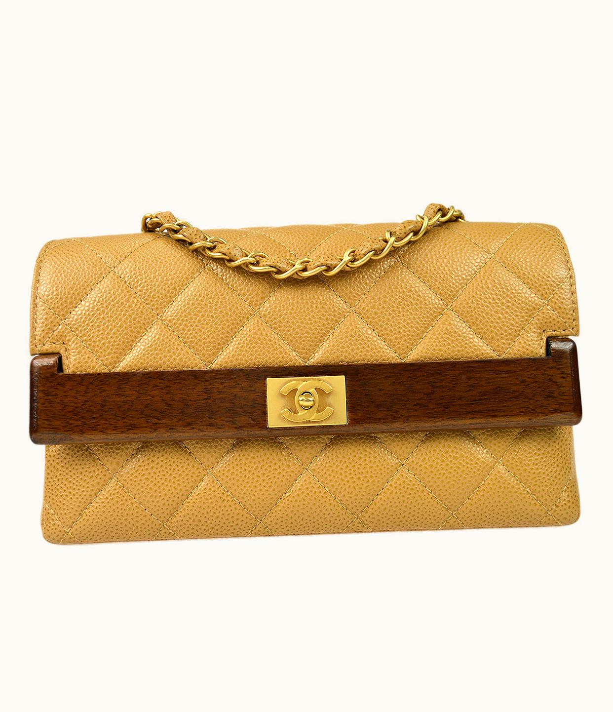Chanel * 2003-2004 Wood Detailed Strait Flap Small Beige Caviar 97686