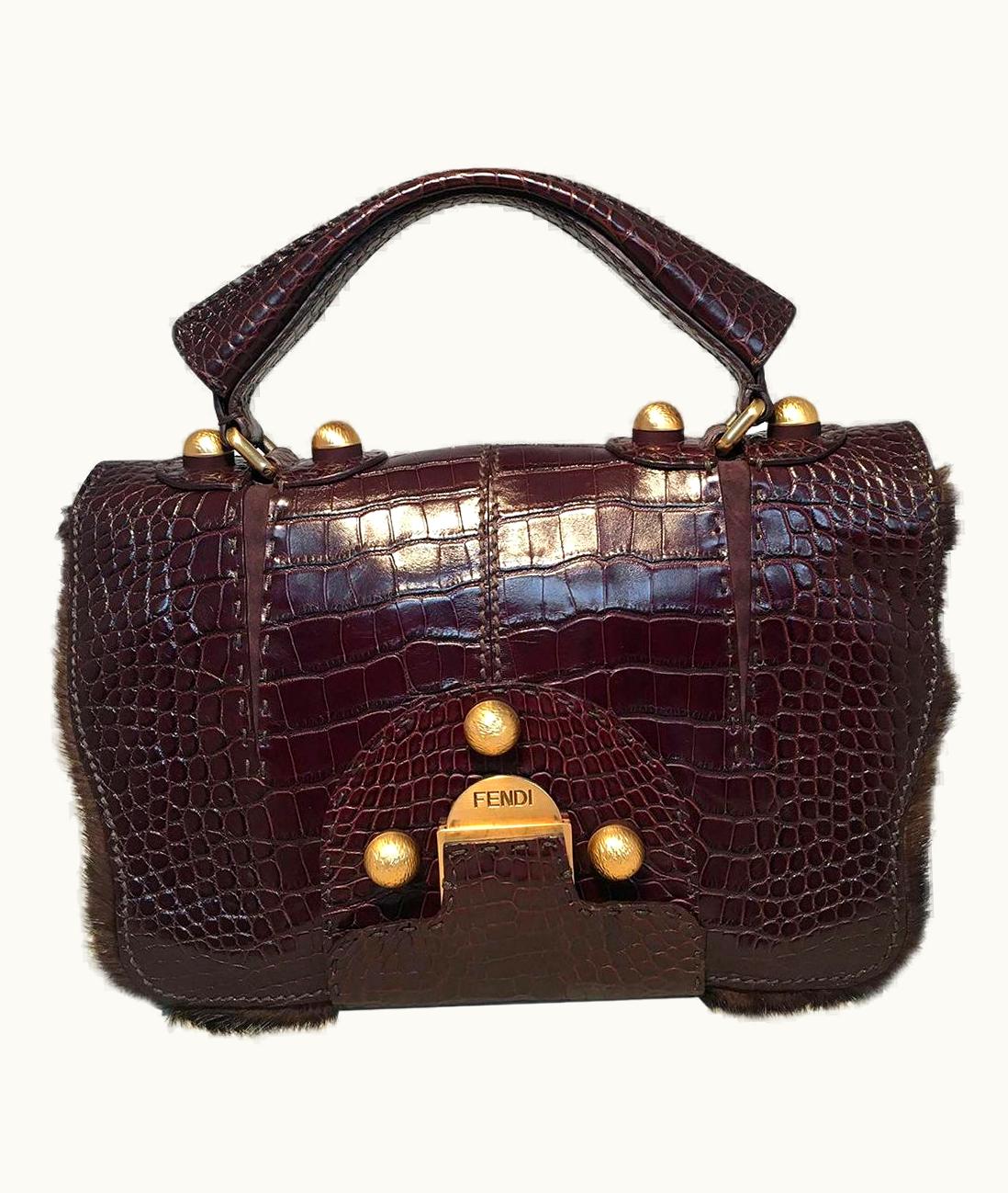 Fendi Rare Limited Edition Brown Alligator And Mink Fur Satchel Handbag