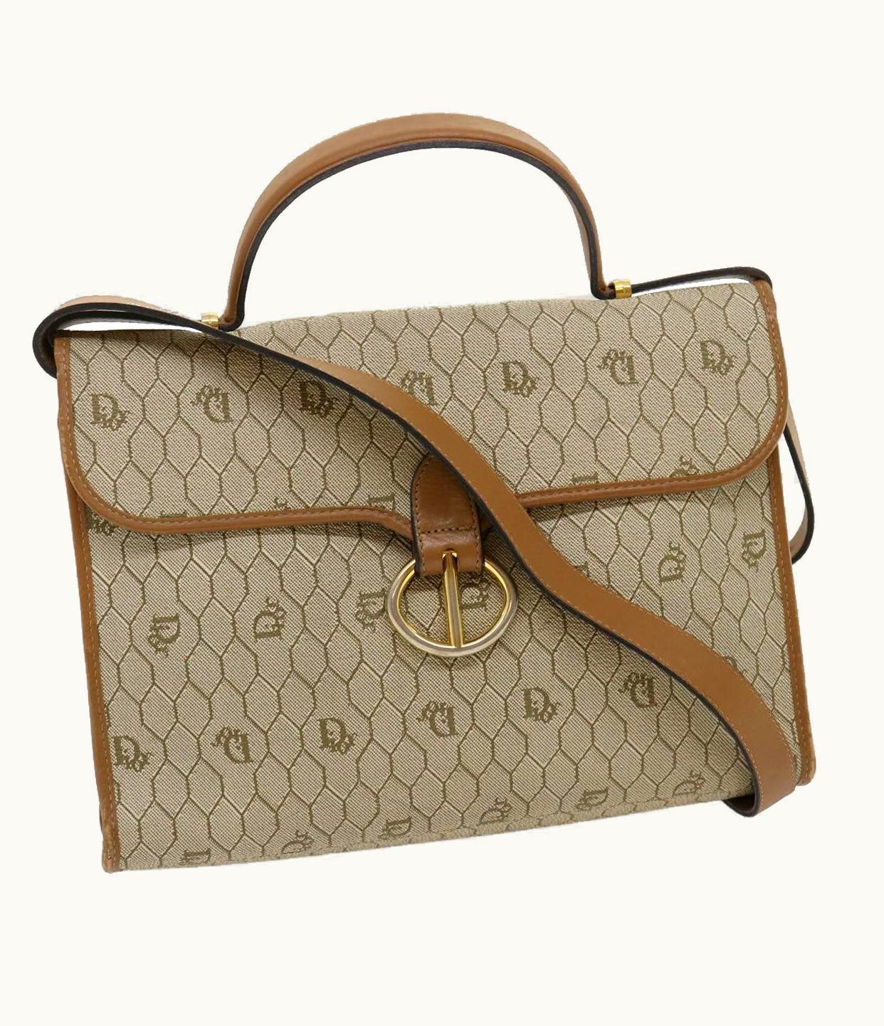 Dior Christian Dior Honeycomb Canvas Hand Bag Pvc Leather 2Way Beige