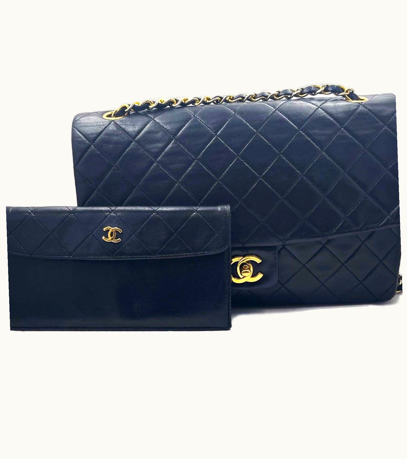 Chanel Classic Flap Vintage Black Wallet Shoulder Bag Set