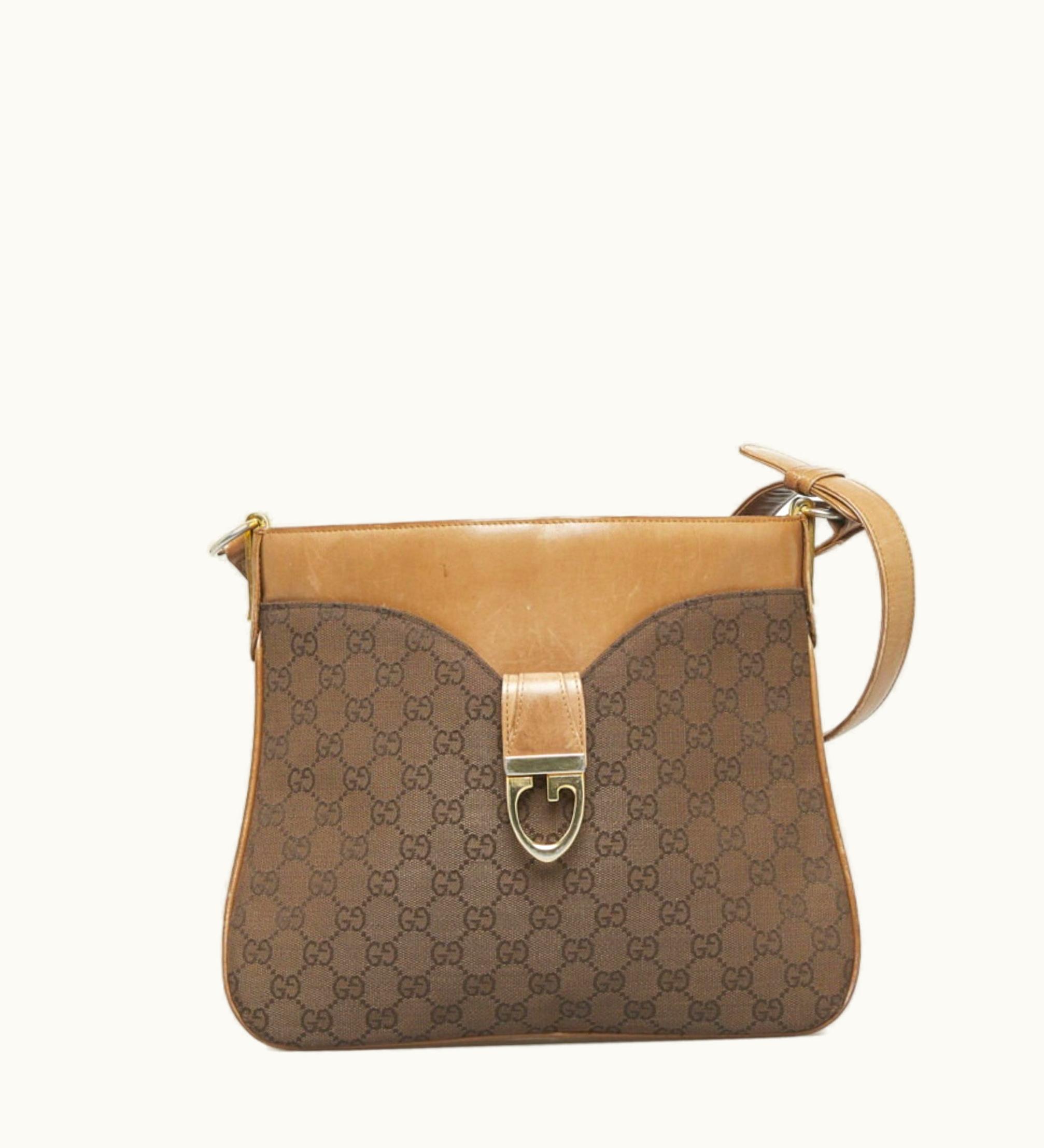 Gucci Old GG Canvas Shoulder Bag Brown Leather Ladies