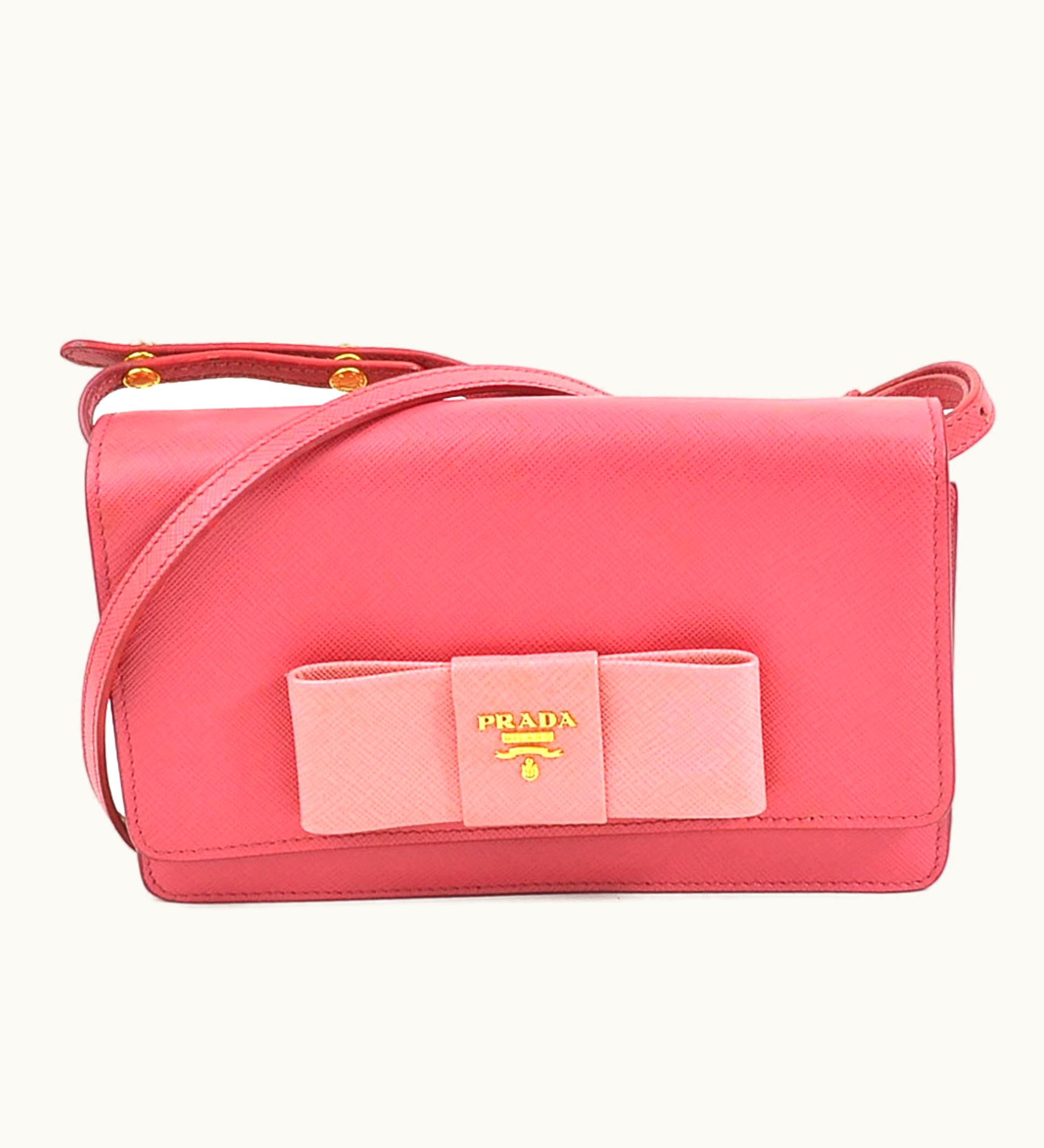 Prada Crossbody Shoulder Bag Wallet Ribbon Leather Pink Gold Ladies