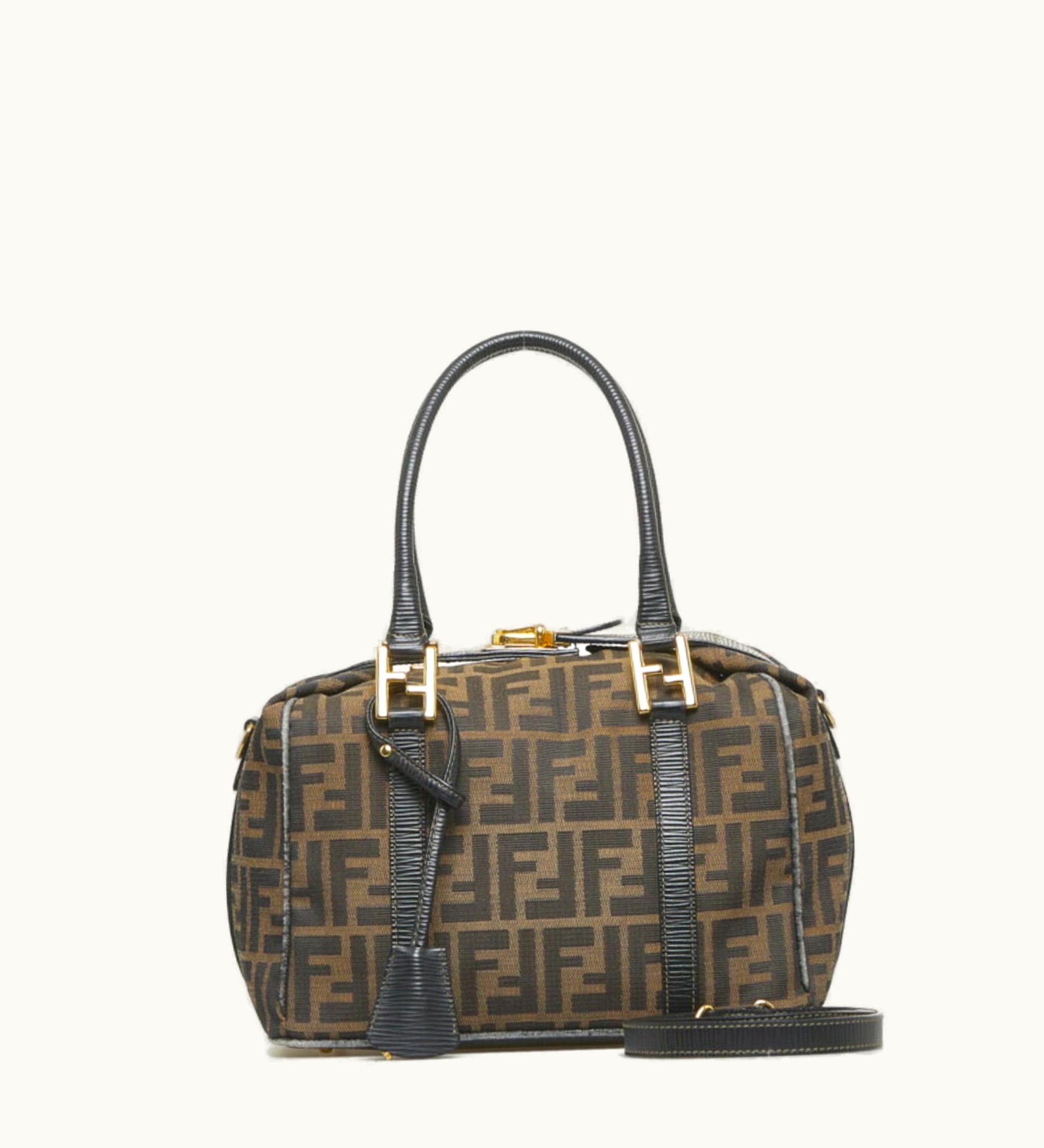 Fendi Zucca Handbag Shoulder Bag Brown Canvas Leather Ladies