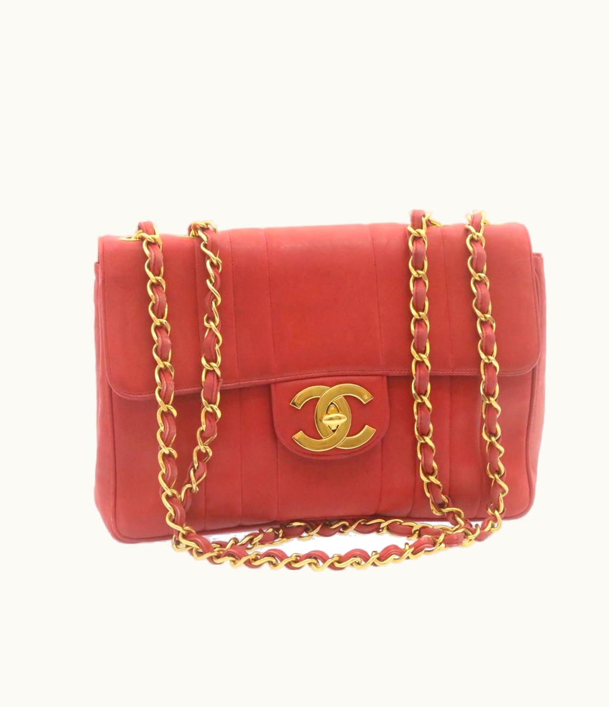 Chanel Mademoiselle Big Coco Double Chain Shoulder Bag Lamb Skin Red