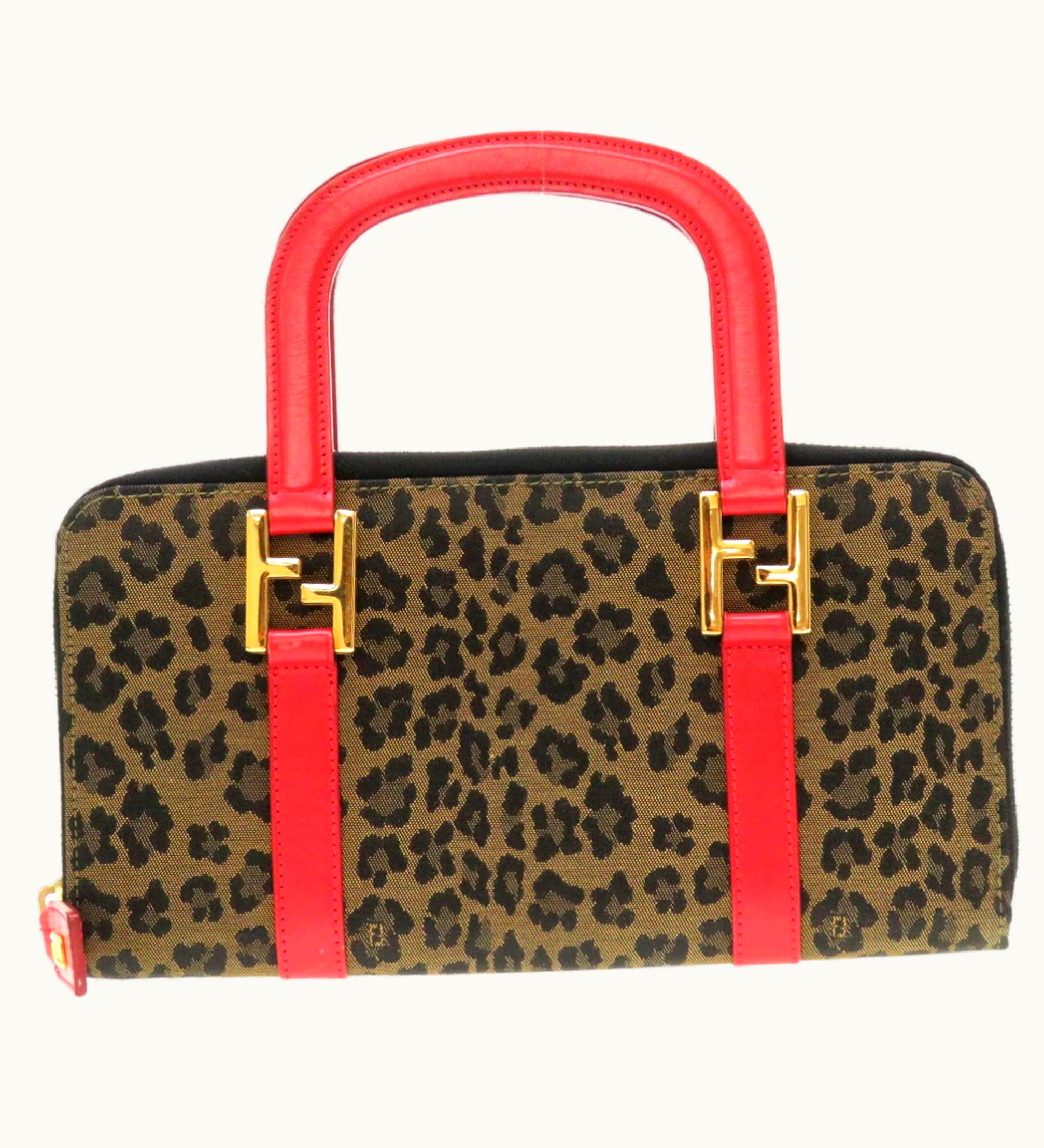Fendi Leopard Pattern Canvas Leather Brown Bag Handbag