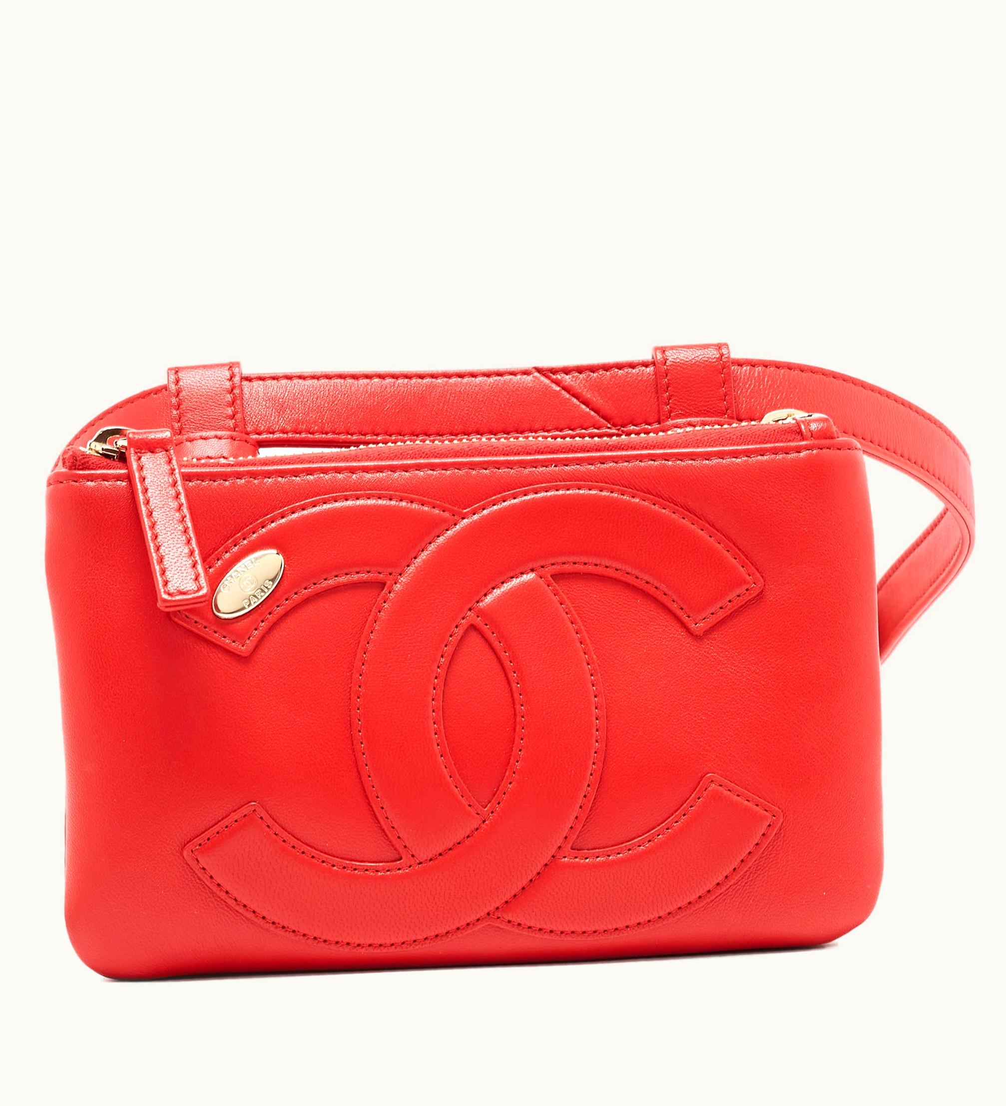 Chanel Red Leather CC Mania Double Zip Waist Belt Bag