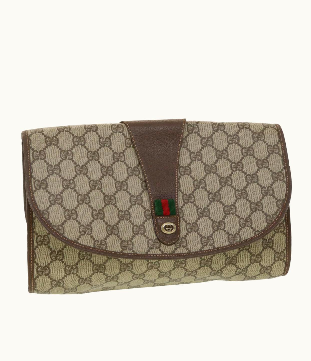 Gucci GG Canvas Web Sherry Line Clutch Bag Beige Red 156.01.031