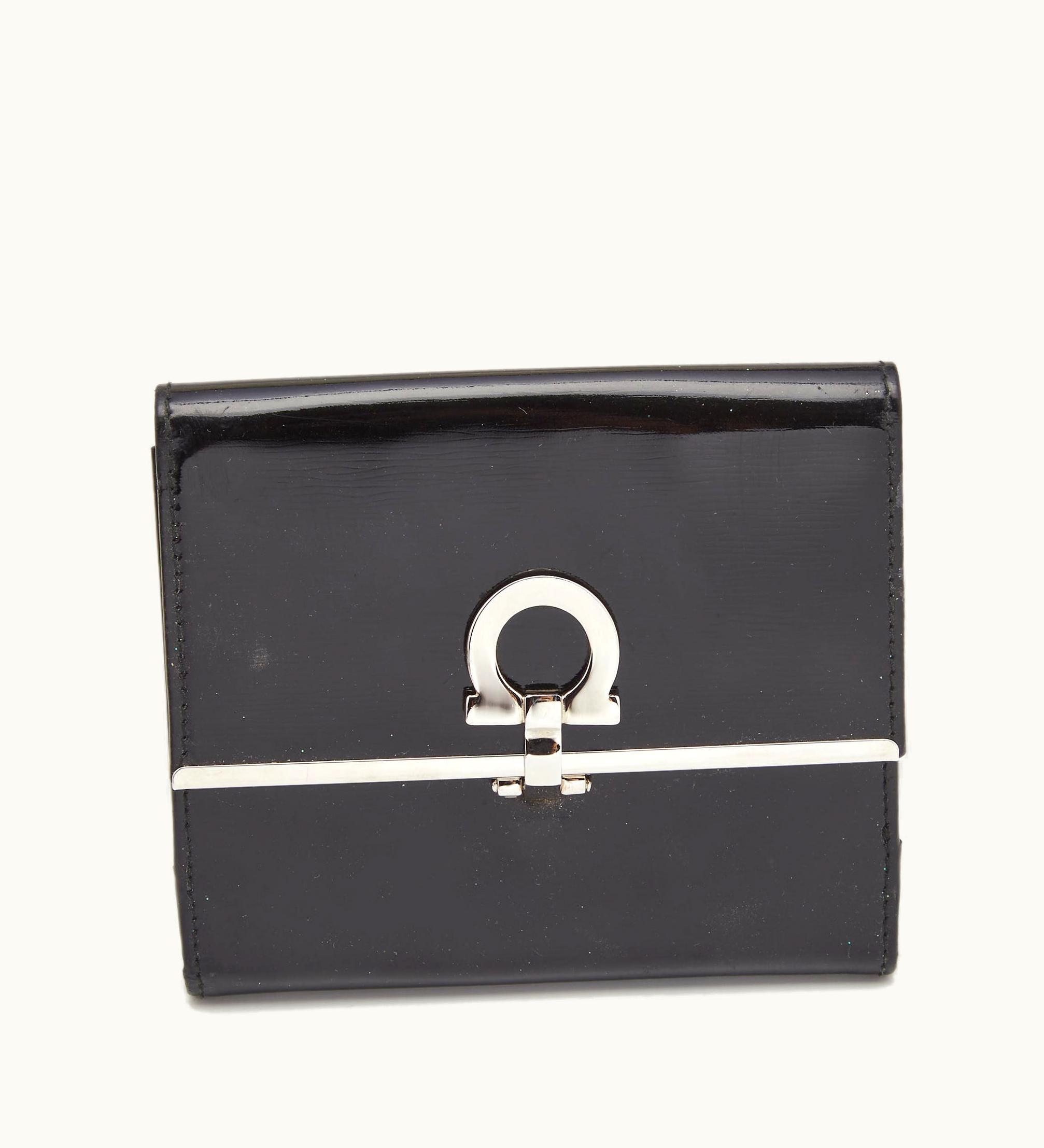 Salvatore Ferragamo Black Patent Leather Gancini Tri Fold Wallet