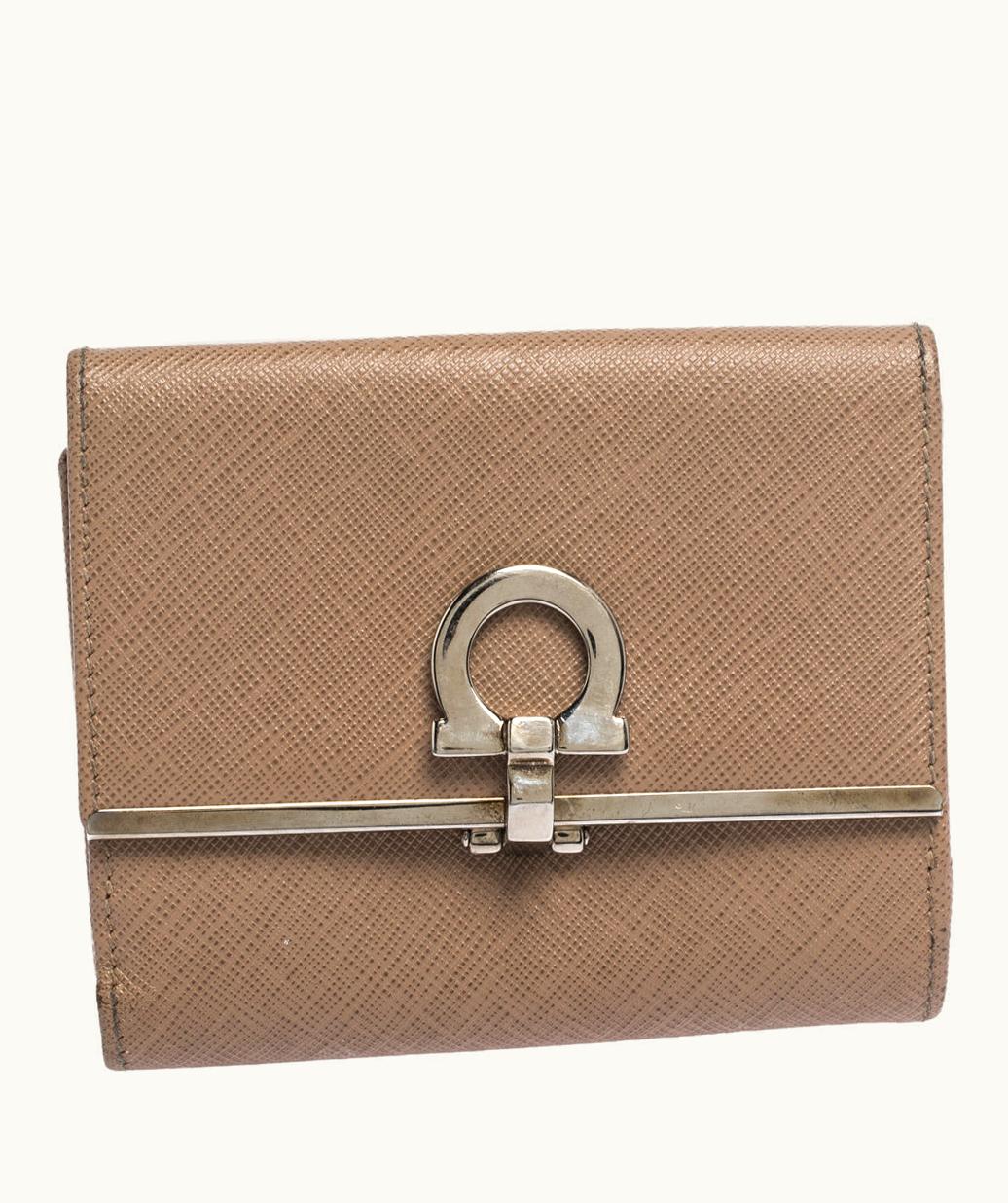 Salvatore Ferragamo Beige Leather Gancini Clip Compact Wallet
