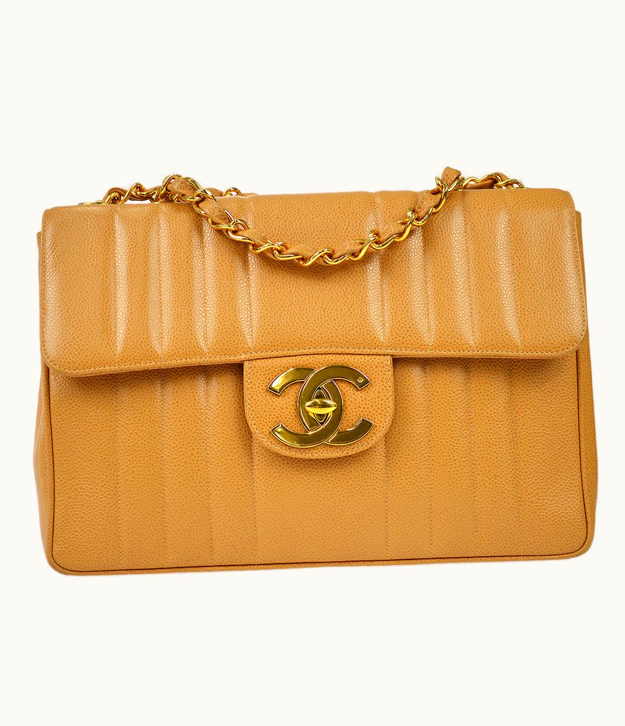 Chanel 1991-1994 Big CC Vertical Stitch Classic Flap Jumbo Beige Caviar 87063