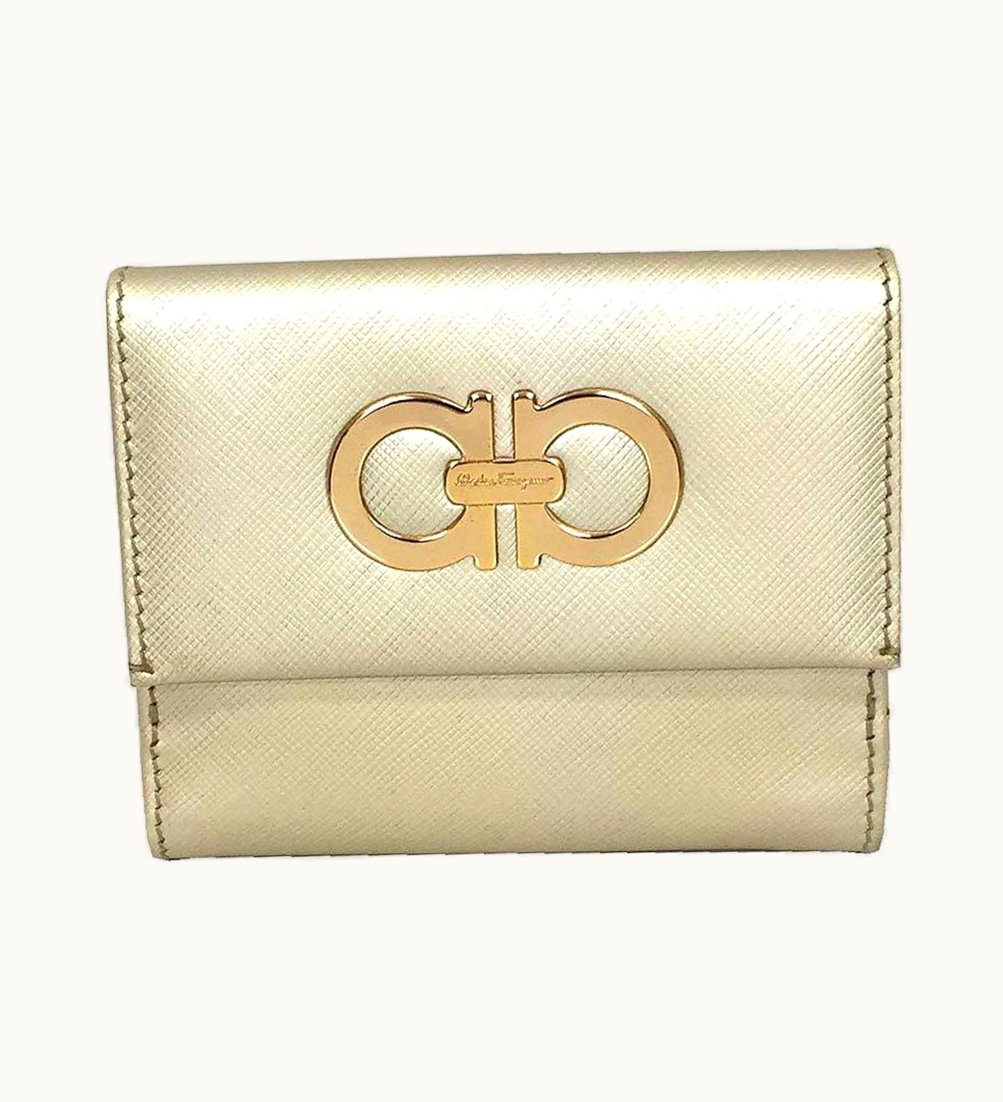 Salvatore Ferragamo Folded Wallet Gancini Leather Champagne Gold Ladies