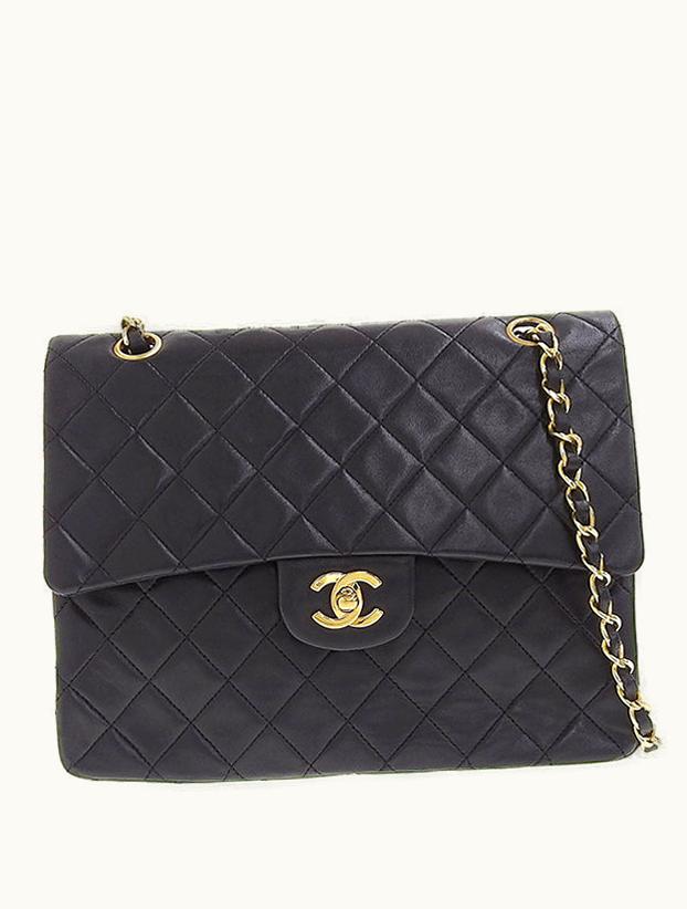 Chanel Around 1990 Made Classic Flap Turn-Lock Chain Bag Black