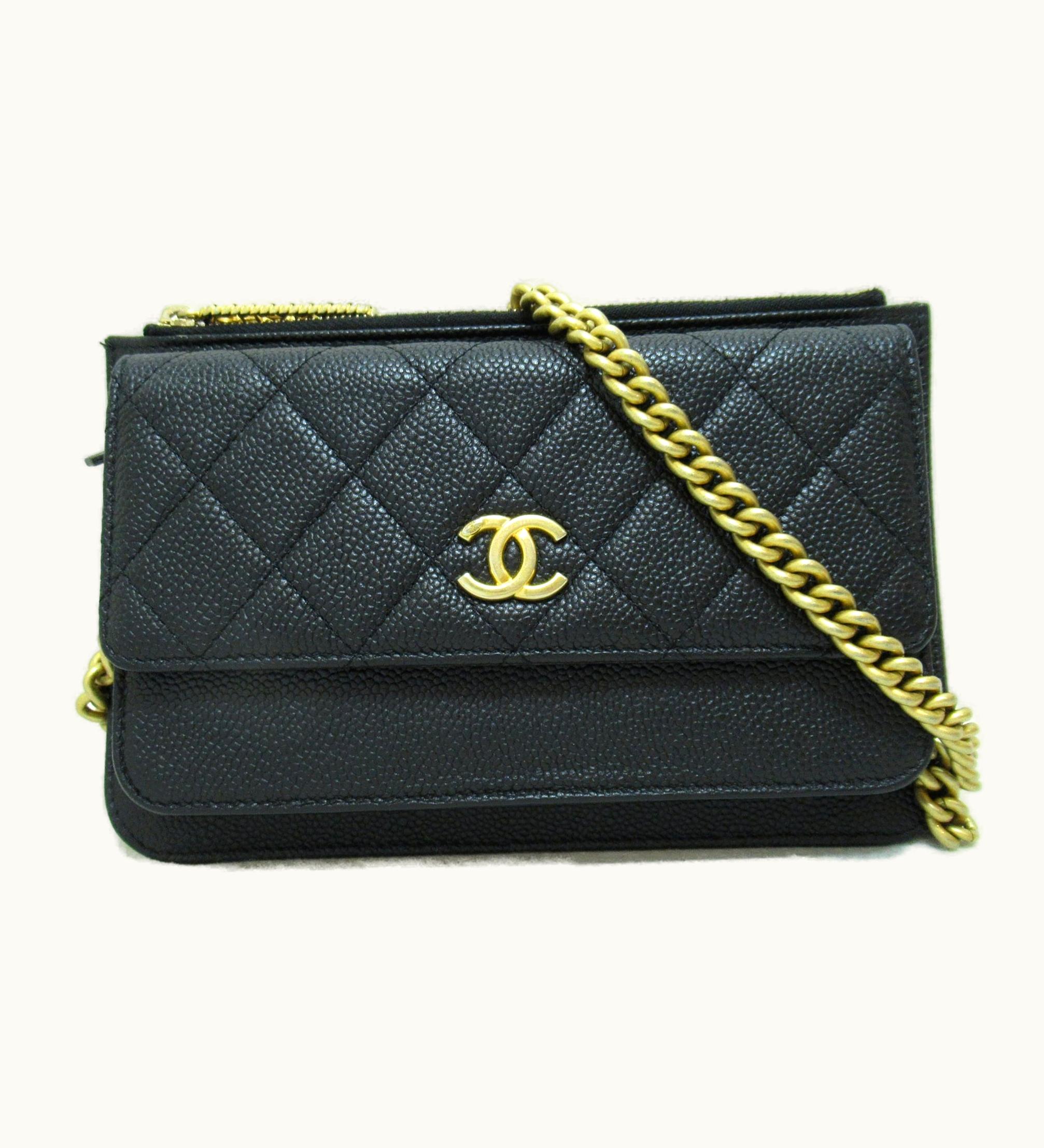Chanel Chain Wallet Shoulder Bag Black Caviar Skin Grained Calf Leather