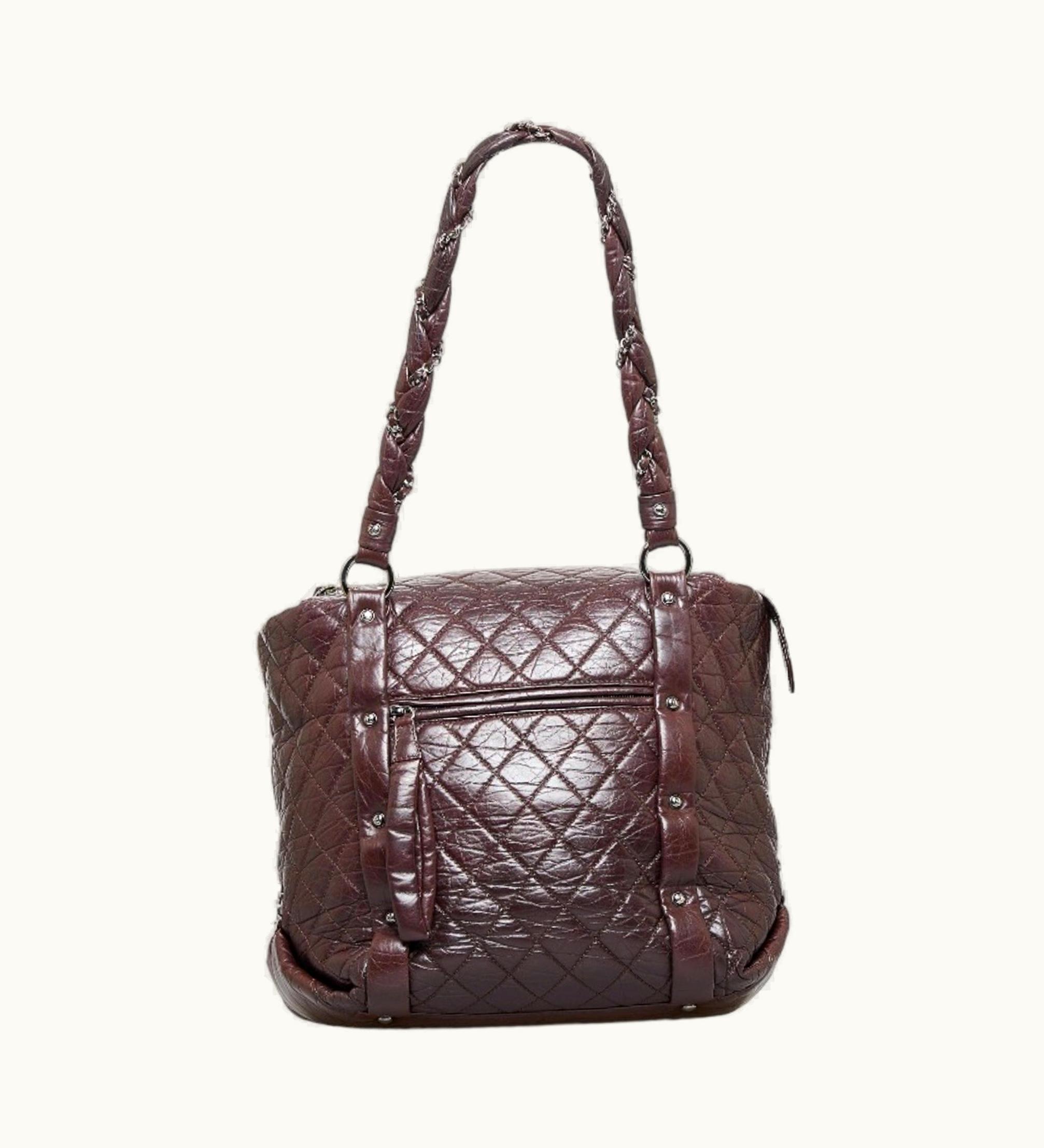 Chanel Cocomark Luxury Line Chain Shoulder Bag Tote Brown Silver Leather Ladies