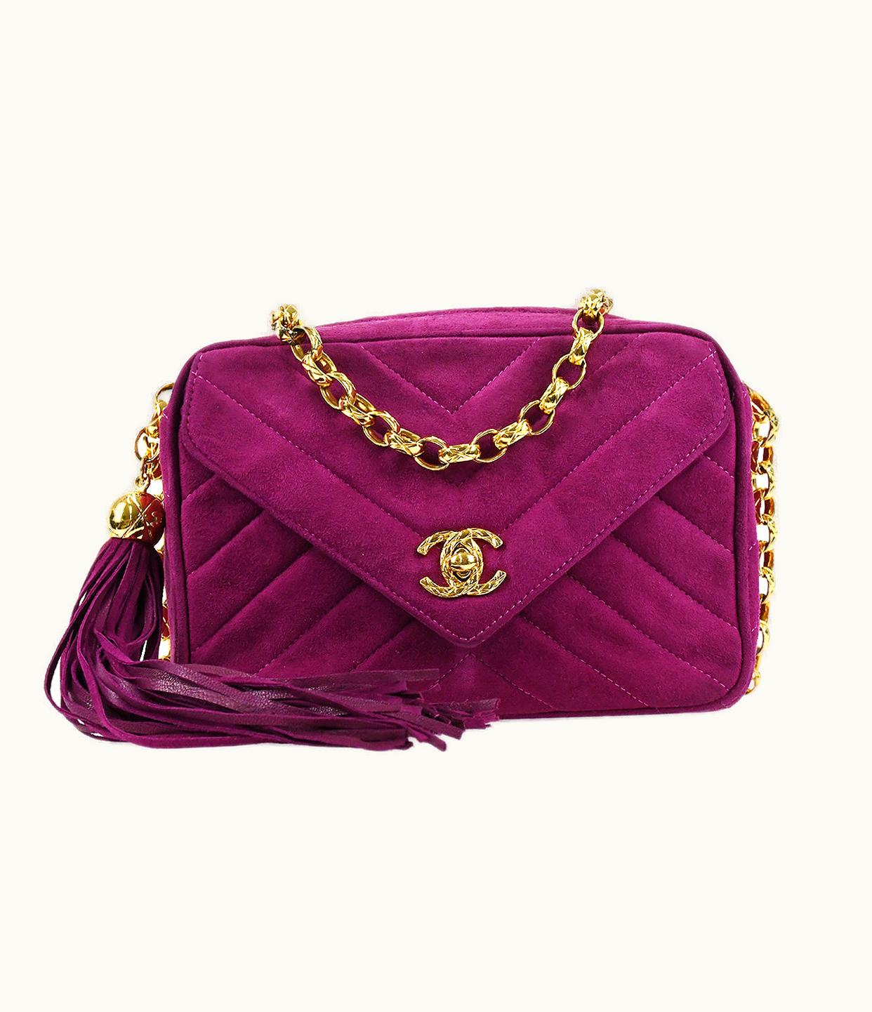 Chanel V Stitch Fringe Bijou Chain Shoulder Bag Purple Suede 88343