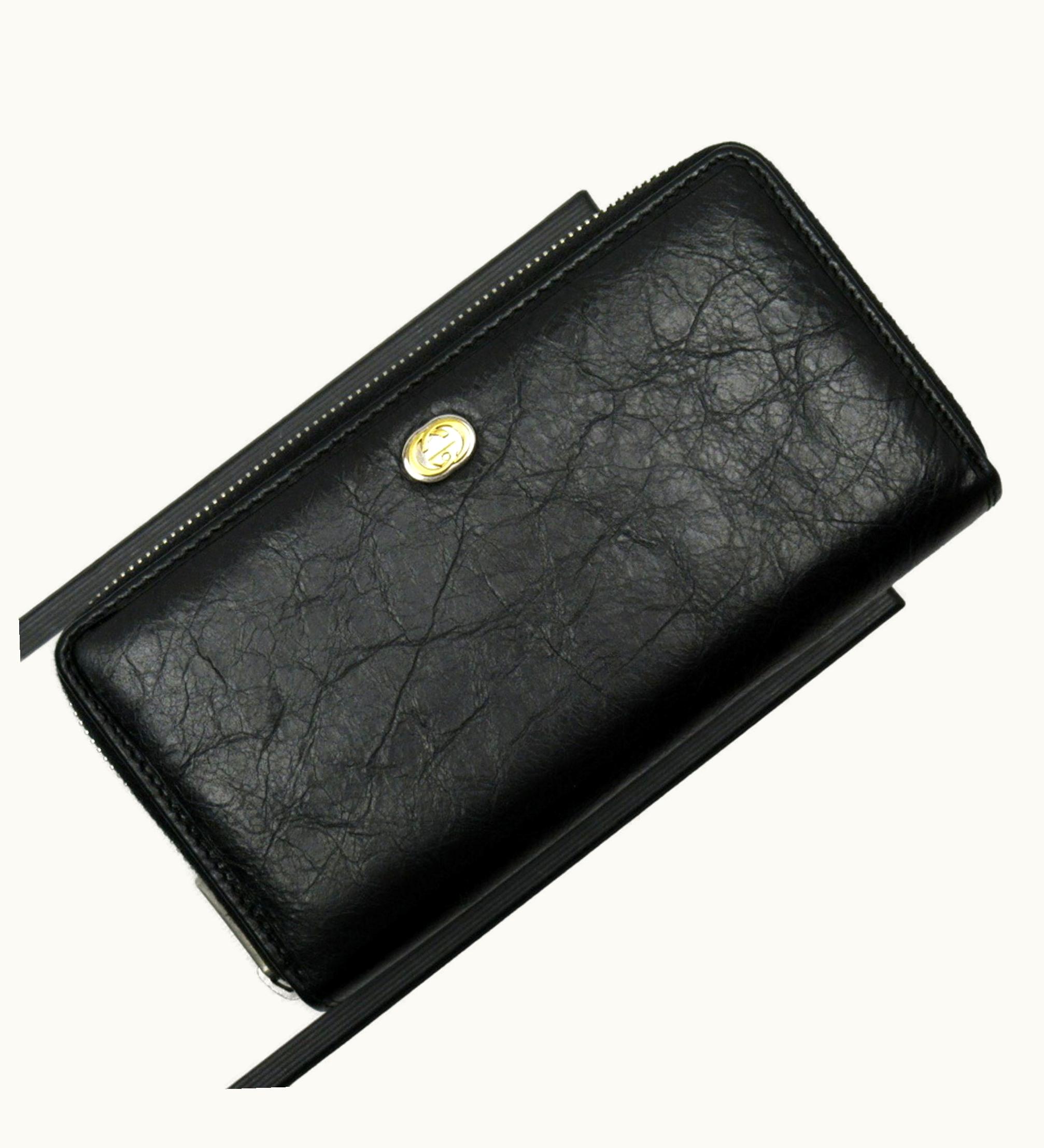 Gucci Round Wallet GG Black Silver Gold Leather 575988