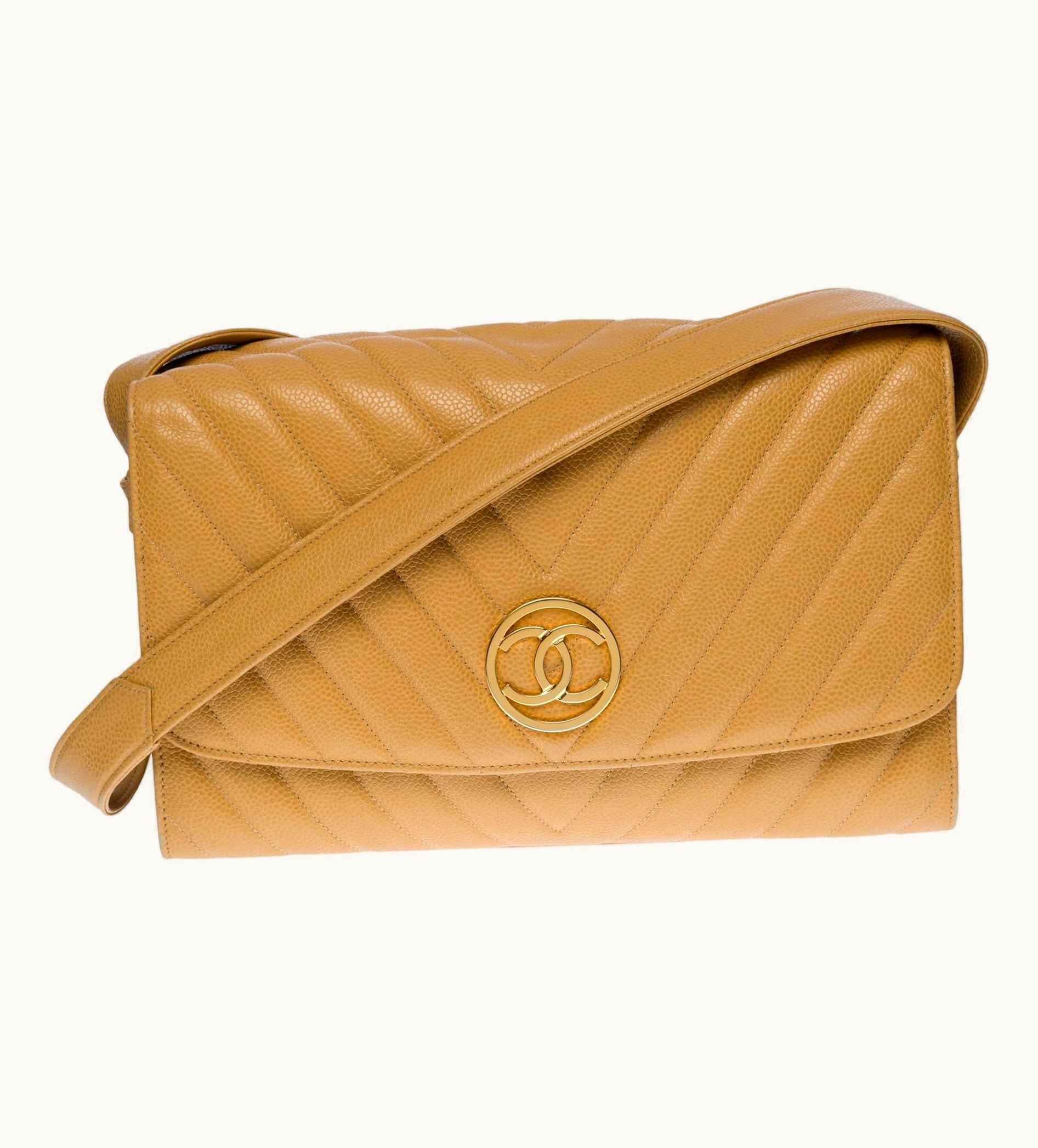 Chanel Classic Flap Shoulder Bag In Gold Herringbone Caviar Leather