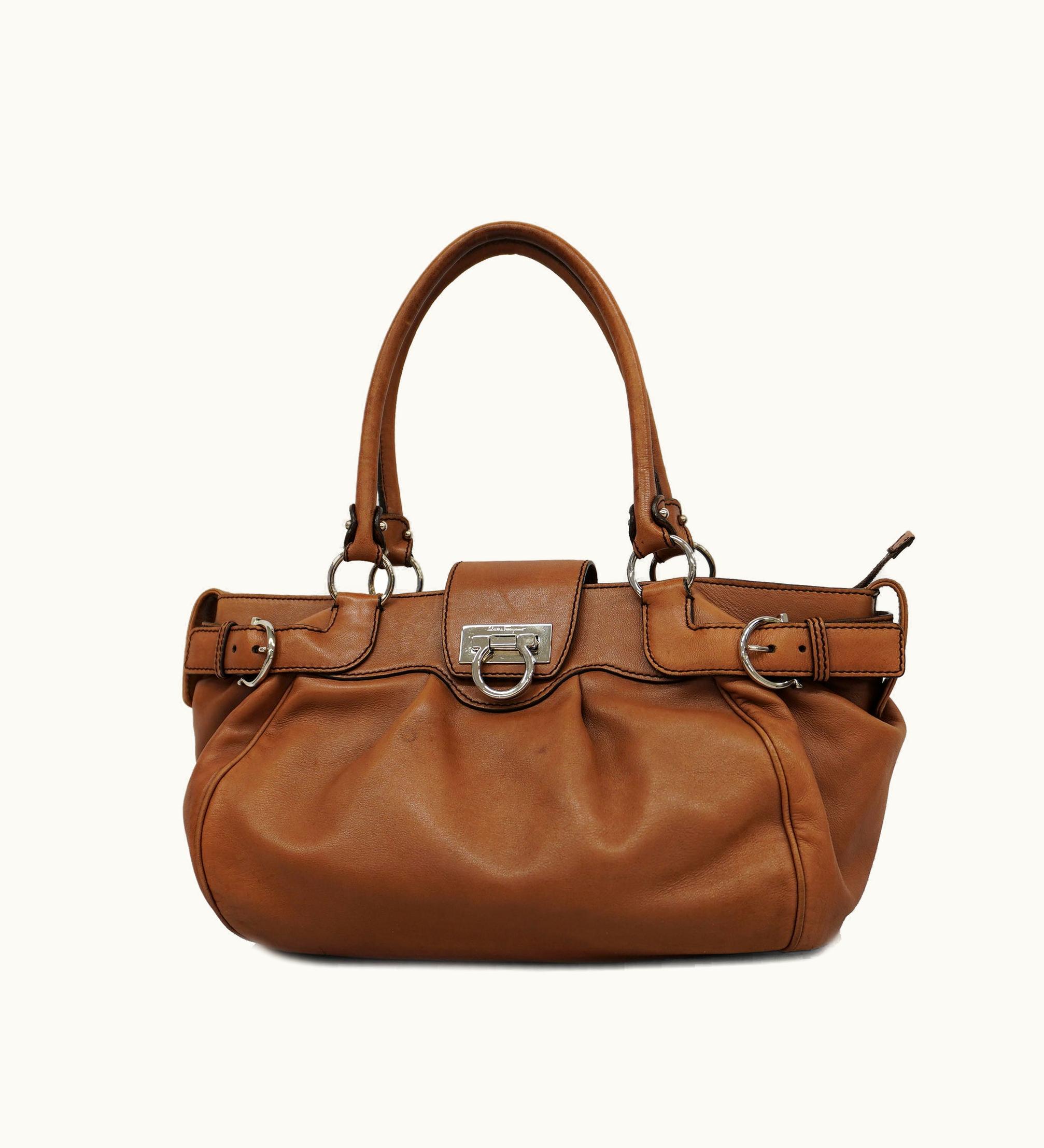 Salvatore Ferragamo Gancini Tote Bag Women's Leather Tote Brown Silver