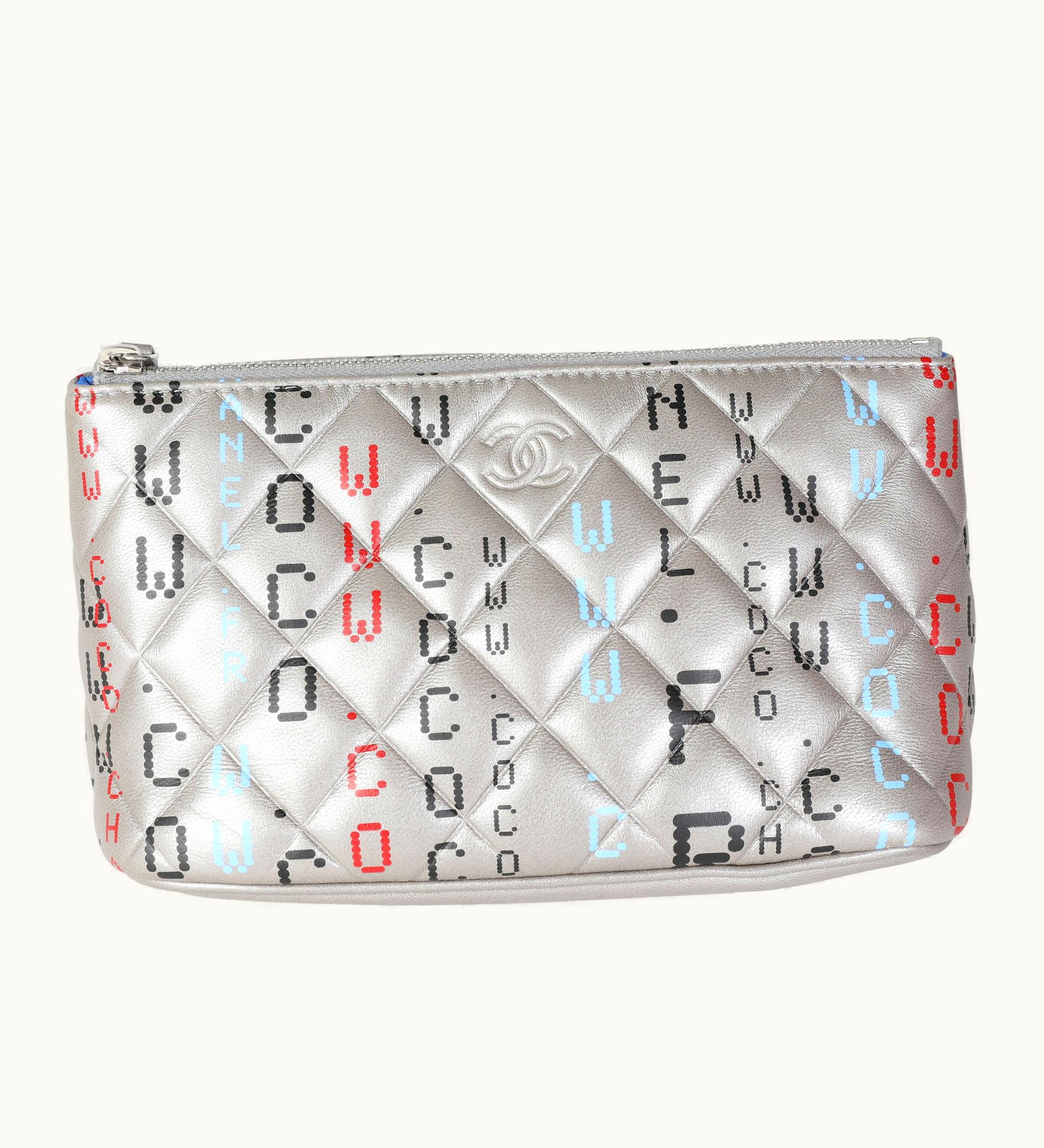 Chanel Limited Edition Silver Quilted Lambskin Data Center Print Zip Pouch