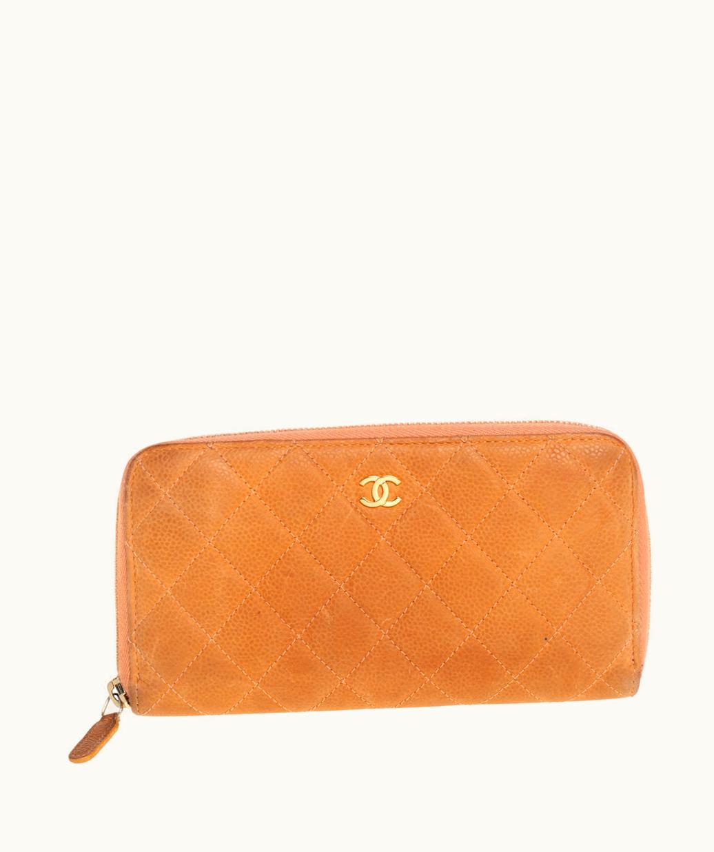 Chanel Orange Quilted Caviar Suede CC Zip Around Wallet