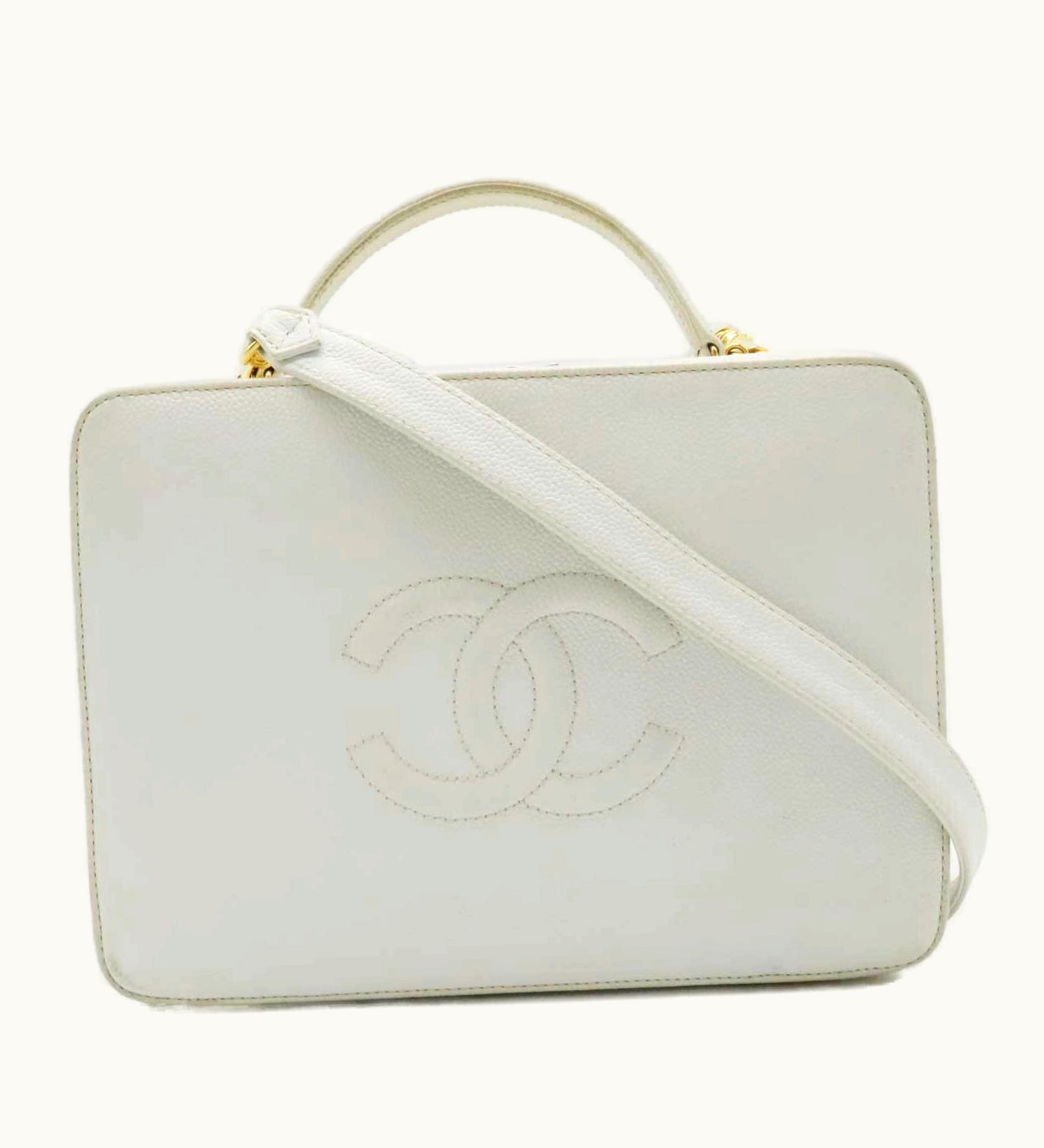 Chanel Cocomark Handbag Vanity Bag Shoulder Caviar Skin Leather White A11265