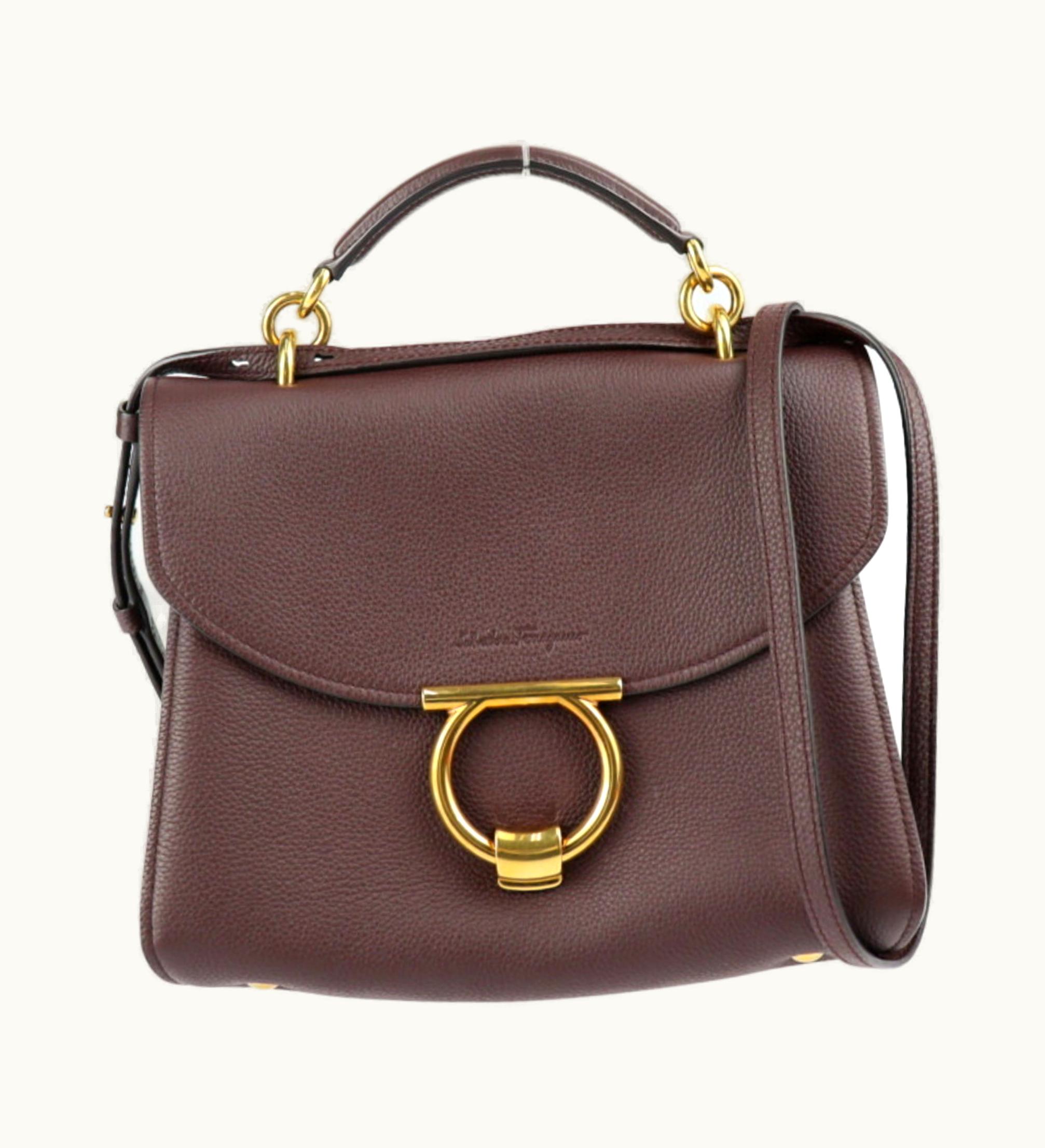 Salvatore Ferragamo Margot Gancini Handbag 21 H493 Calf Leather Brown Gold Hardware 2Way Shoulder Bag