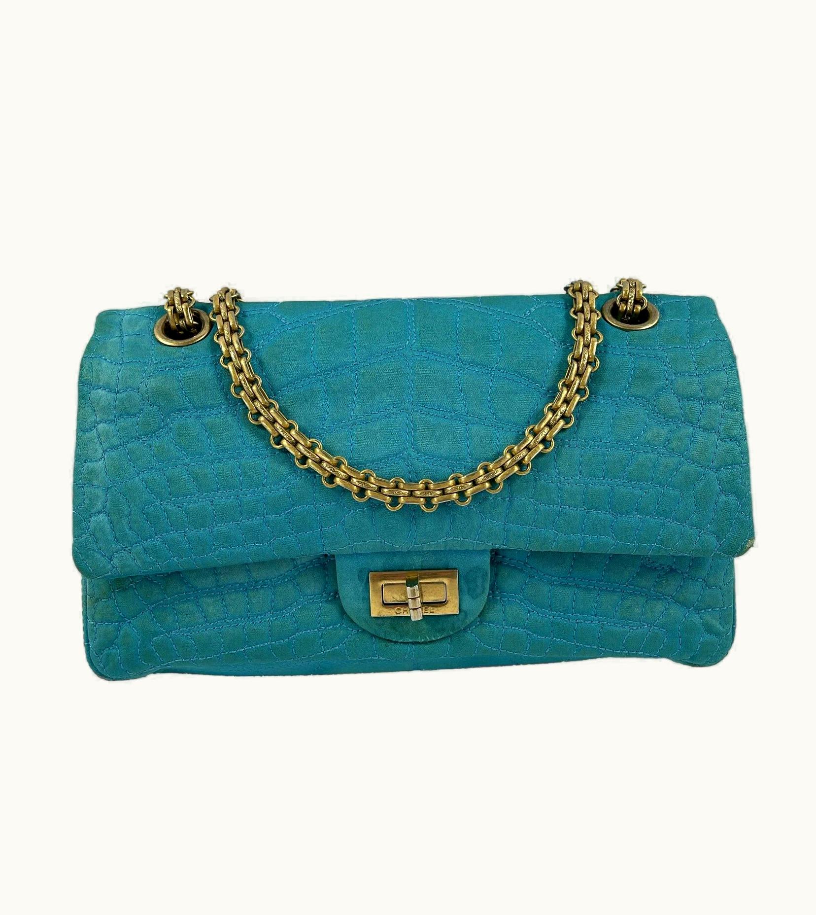Chanel - Reissue Small 2.55 Satin Crocodile Stitch - Turquoise / Gold Crossbody