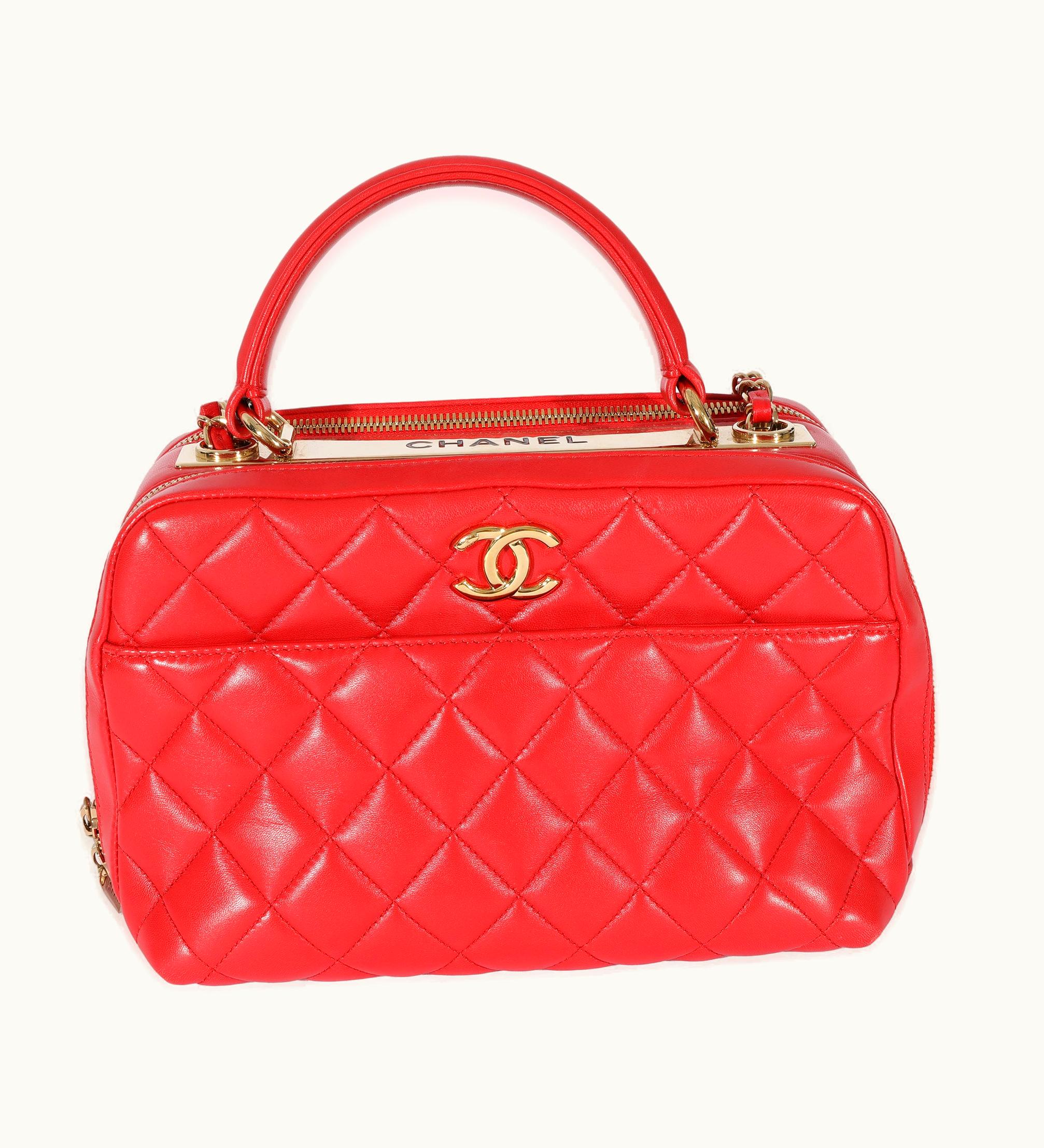 Chanel Red Quilted Lambskin CC Trendy Bowling Bag