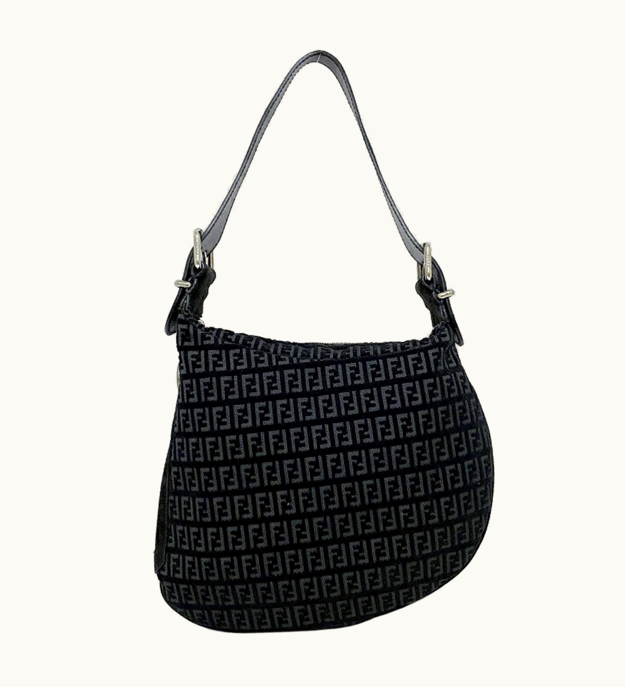 Fendi One Shoulder Bag Black Silver Zucca Suede Leather Fendi Handbag Women's
