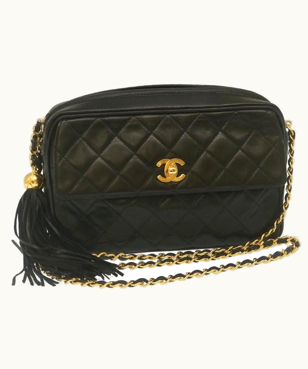 Chanel Matelasse Chain Shoulder Bag Lamb Skin Fringe Black Gold CC