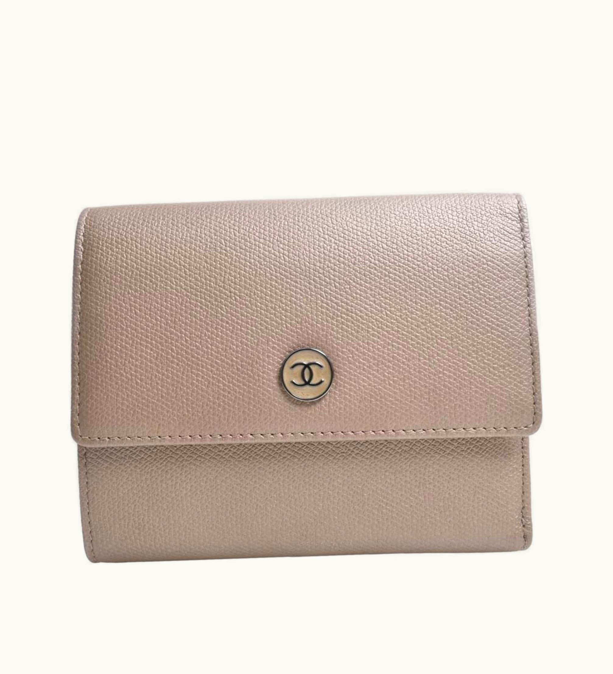 Chanel Leather Coco Button Trifold Wallet Beige Ladies