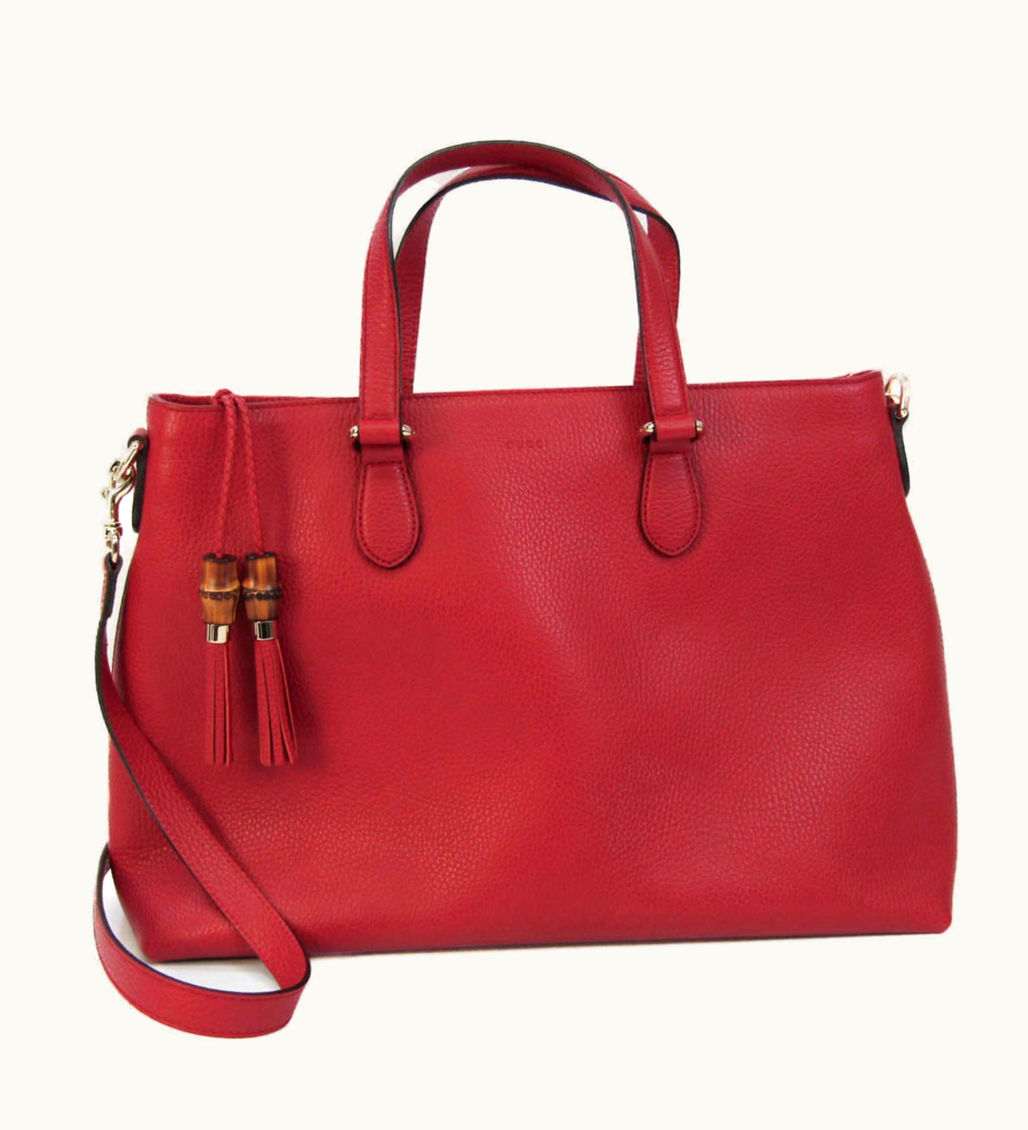 Gucci Bamboo Tassel 449643 Women's Leather, Bamboo Handbag, Shoulder Bag Red Color