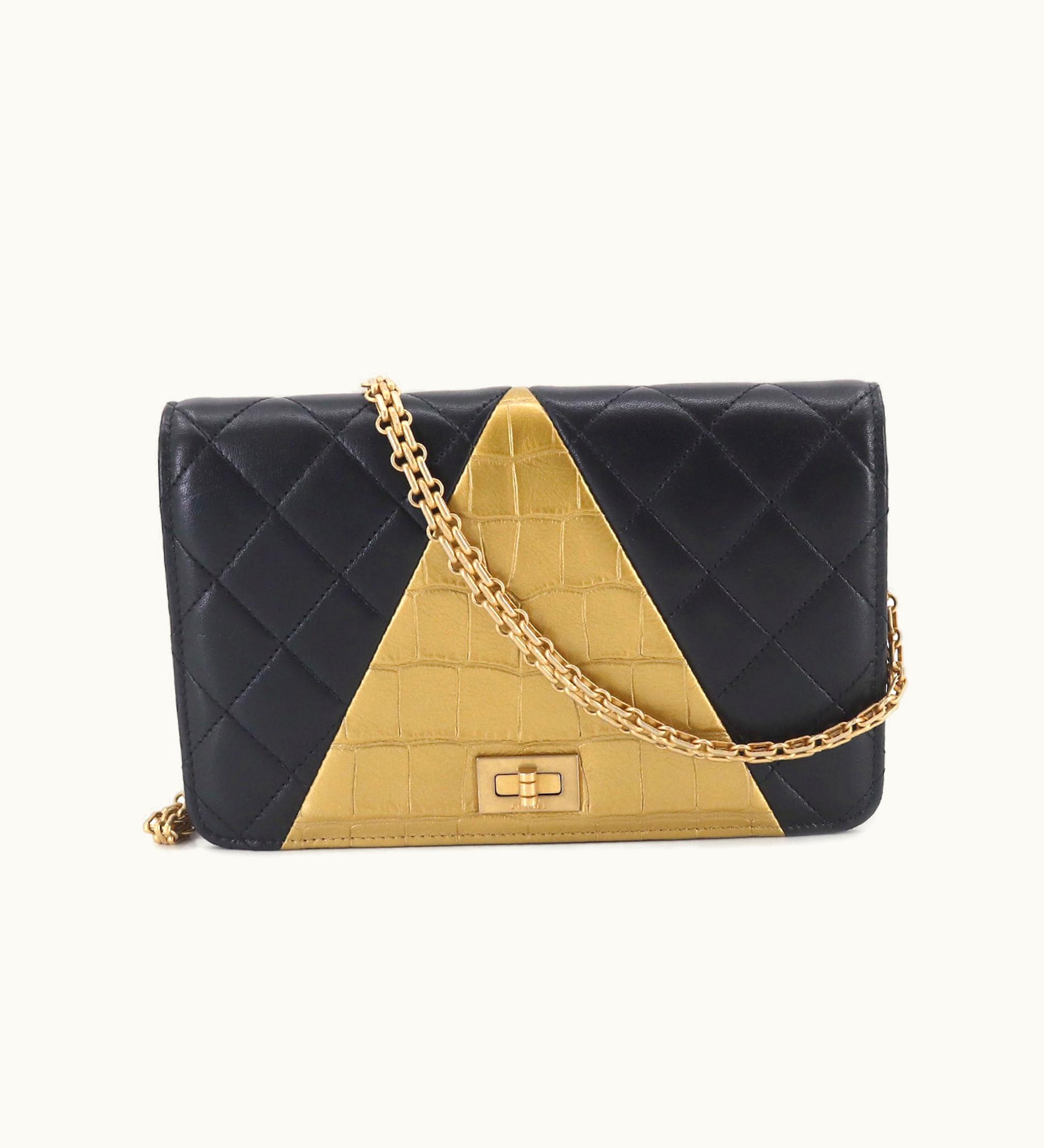 Chanel 2.55 Chain Wallet Long Leather Black Gold Embossed Matelasse