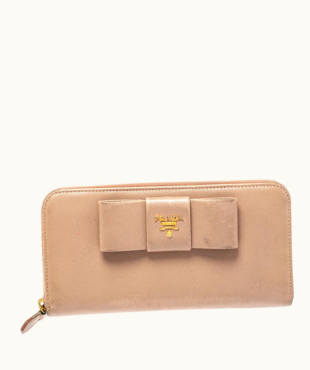 Prada Elegant Bow Zip Around Wallet Beige