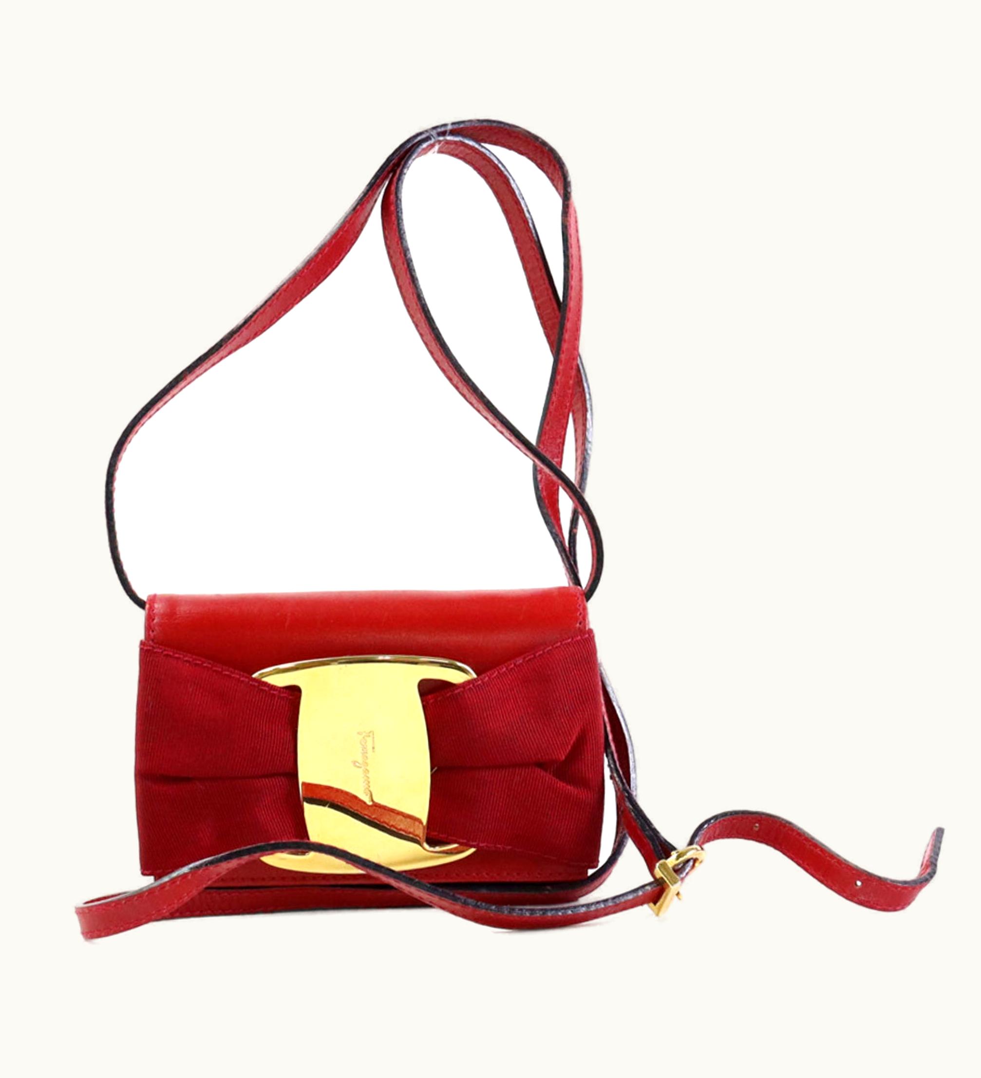 Salvatore Ferragamo Crossbody Shoulder Bag Rose Ribbon Leather Red Gold Ladies