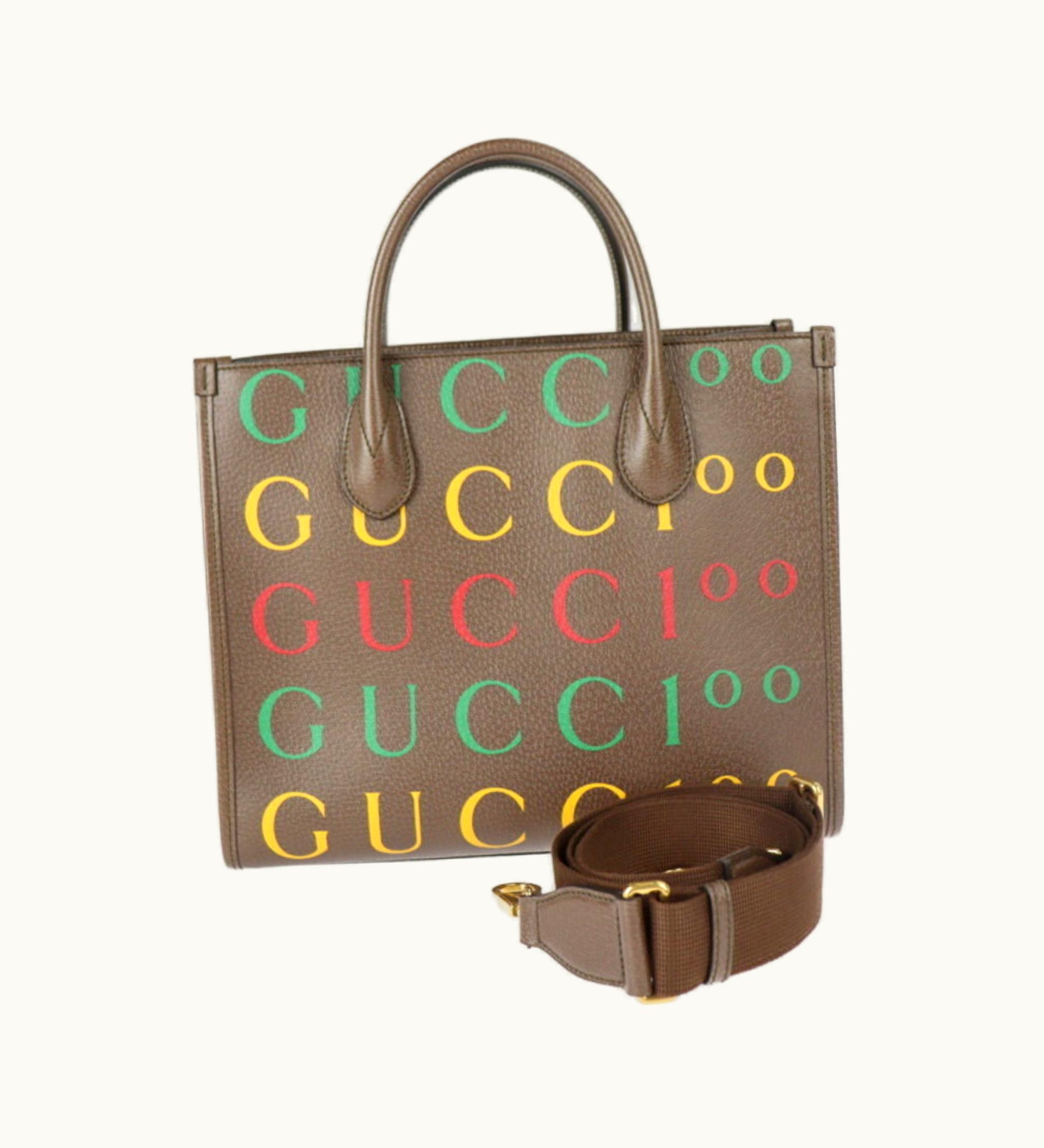 Gucci 100Th Anniversary Tote Bag 680956 Leather Brown Multicolor 2Way Handbag Shoulder