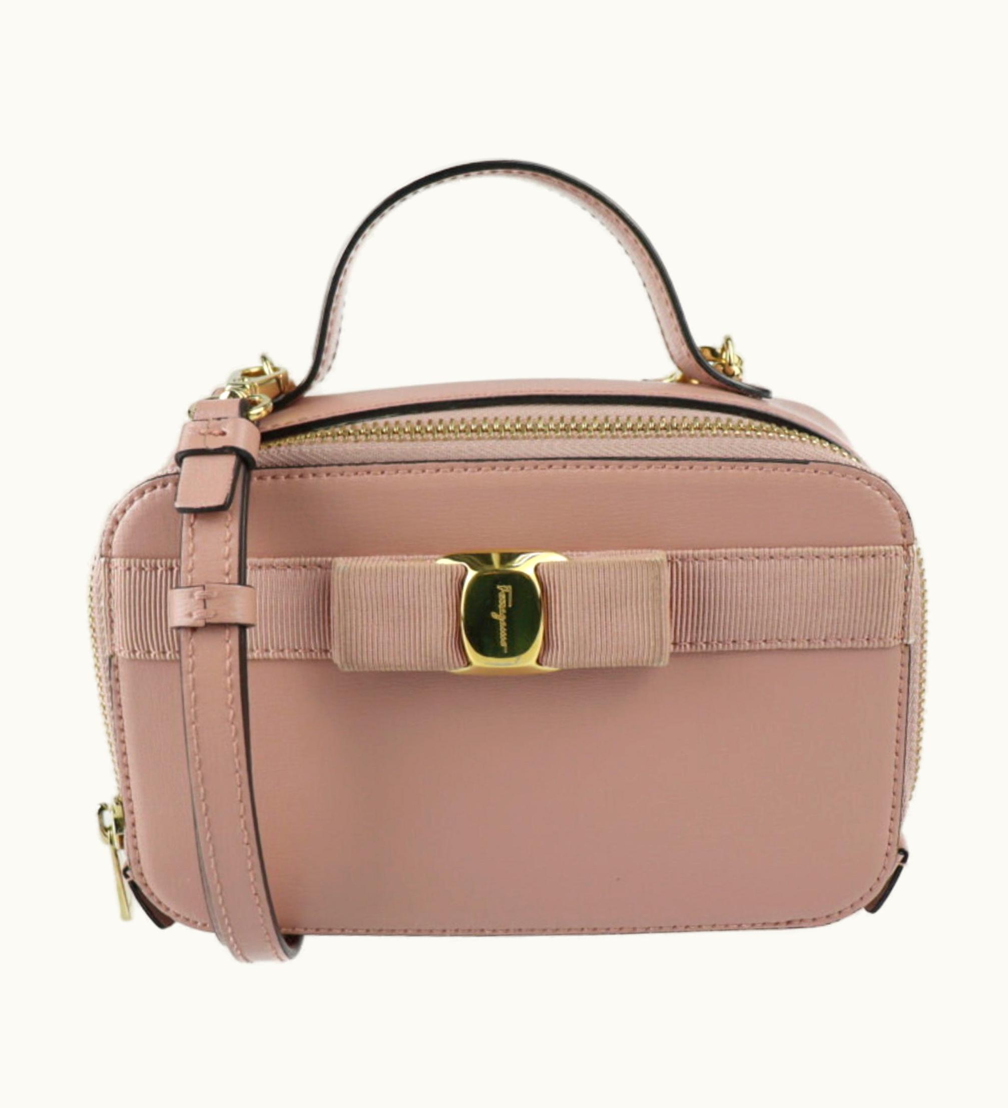 Salvatore Ferragamo Vara Shoulder Bag 22 E004 Calf Leather Pink Beige Gold Hardware 2Way Handbag Pochette Ribbon