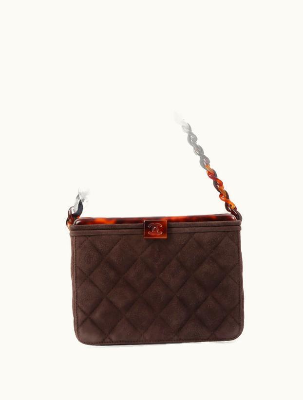 Chanel Around 1997 Made Suede Tortoiseshell CC Mark Box Top Handle Bag Dark Brown