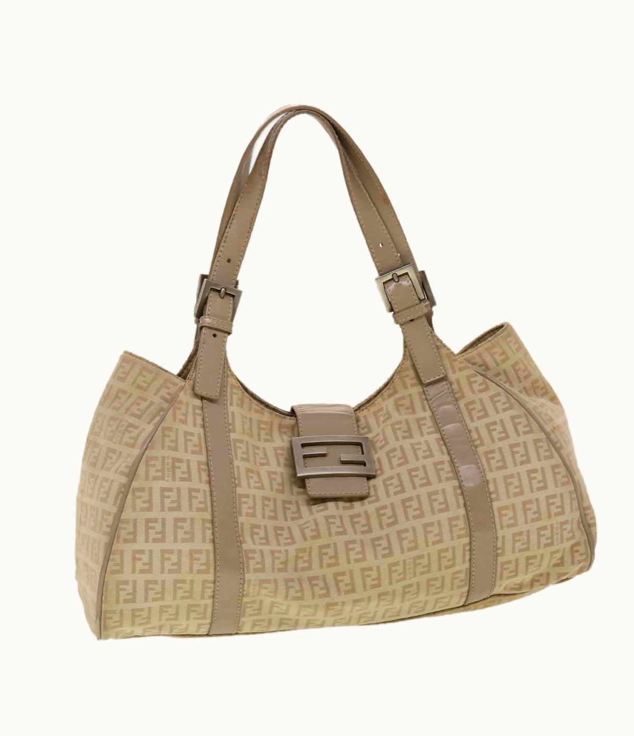 Fendi Zucchino Canvas Mamma Baguette Hand Bag Leather Beige