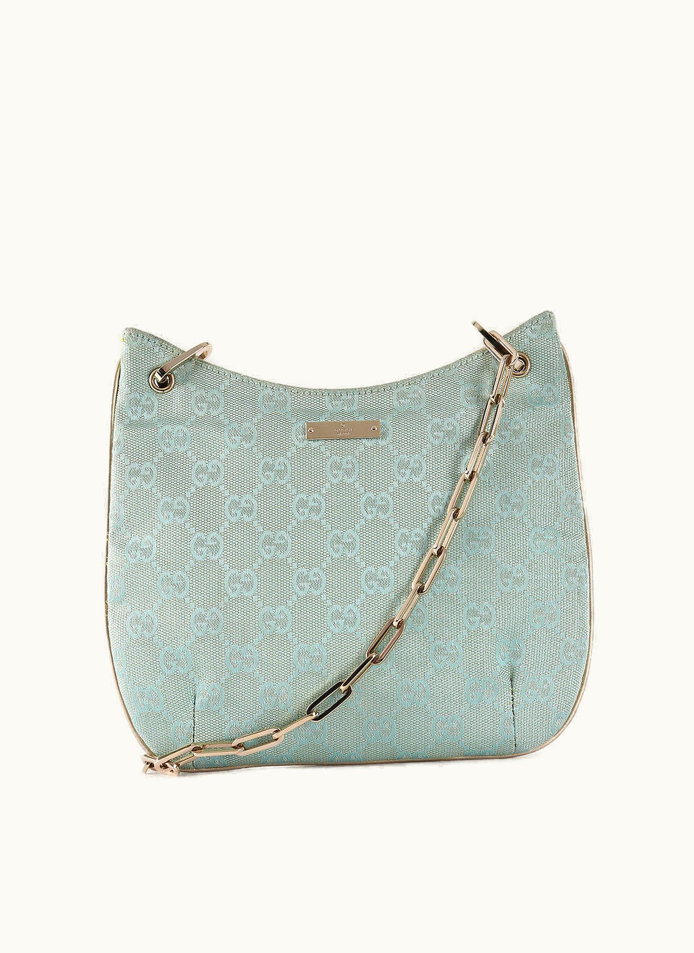 Gucci Teal & Gold Shiny Monogram Ssima Canvas Small Shoulder Bag