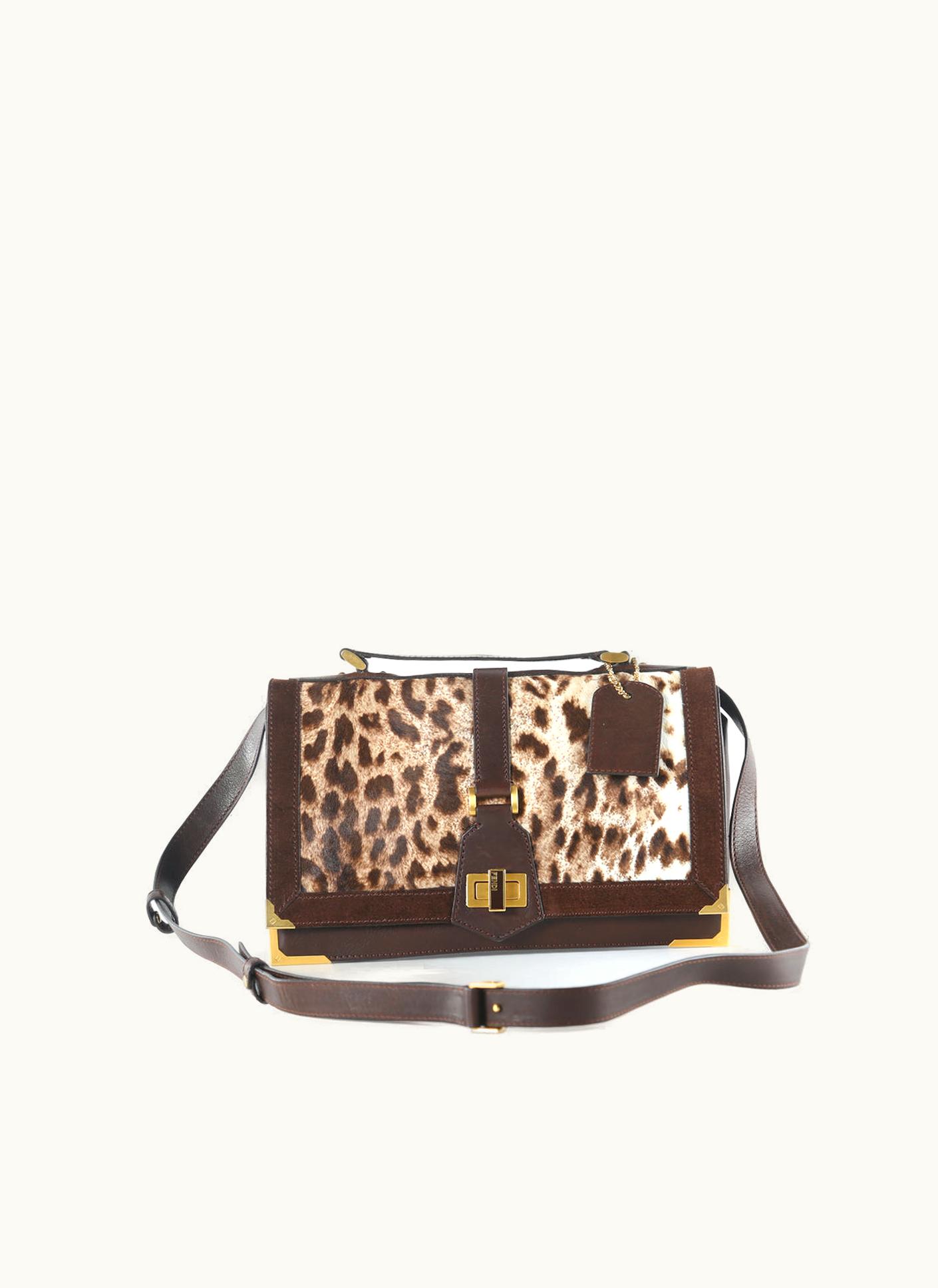 Fendi Brown Leather And Animal Print Pony Hair Crossbody Bag