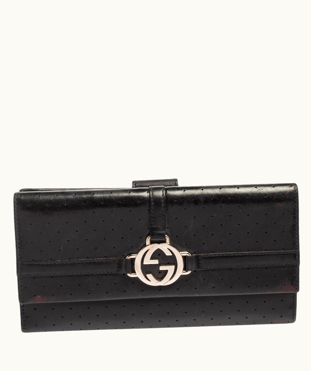 Gucci Black Perforated Leather Interlocking GG Continental Wallet