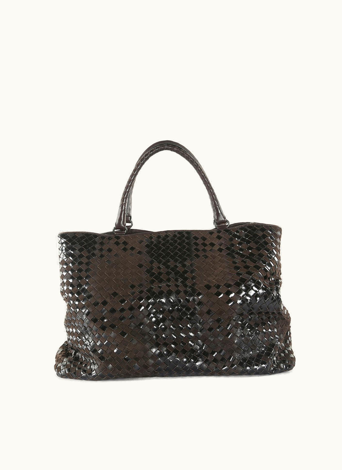 Bottega Veneta Dark Brown Intrecciato Patent Leather & Suede Large Rugiada Tote Bag