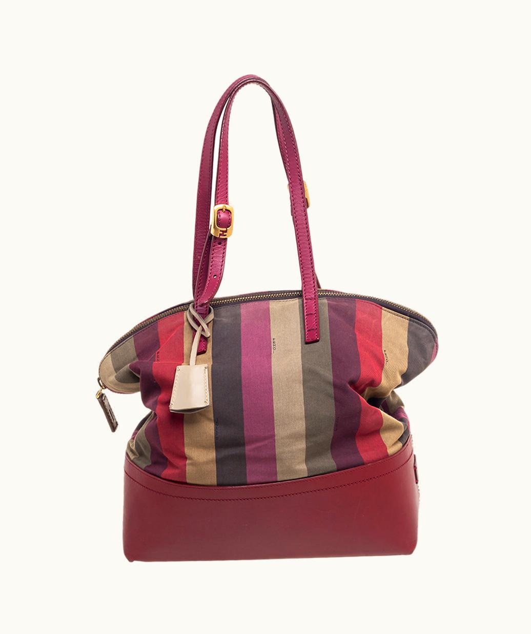 Fendi Fendi Red/Multicolor Leather And Fabric Pequin Stripe 2Bag Colorblock Tote