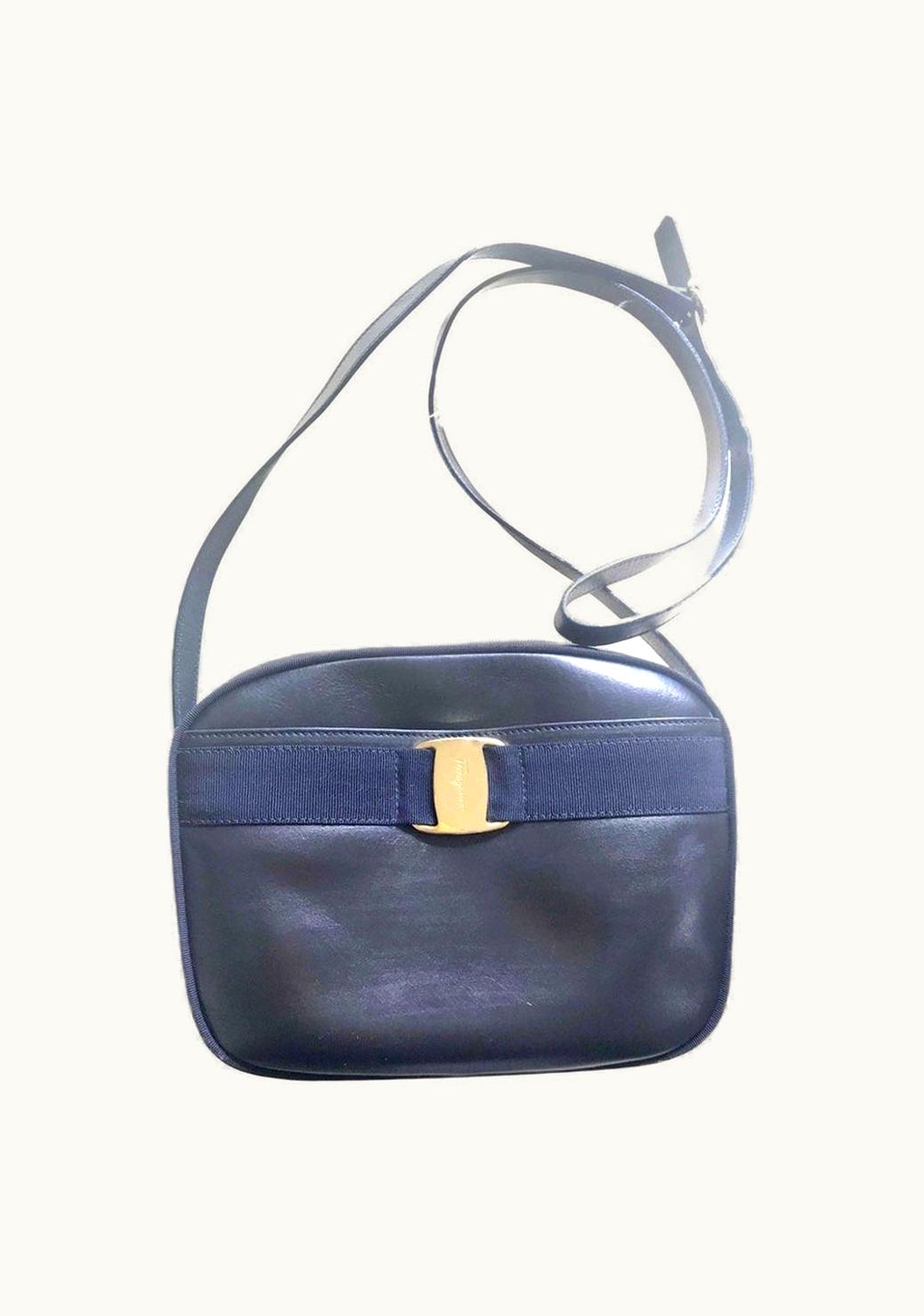 Salvatore Ferragamo Salvatore Ferragamo Vintage Dark Navy Leather Shoulder Bag With Golden Logo Embossed Motif From Vara Collection