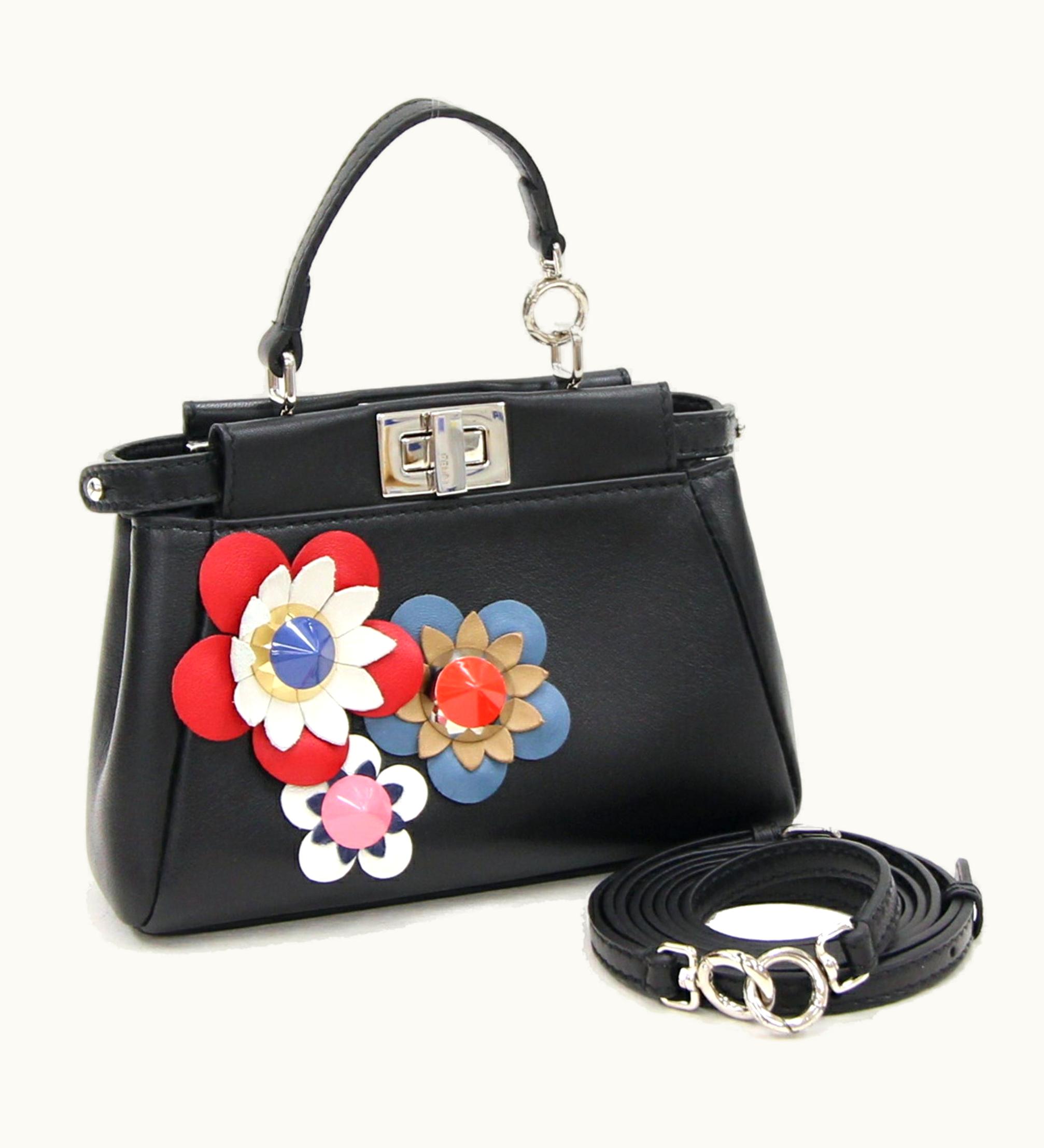 Fendi Fendi Micro Peekaboo 8M0355 Black Multicolor Leather Shoulder Flower Ladies